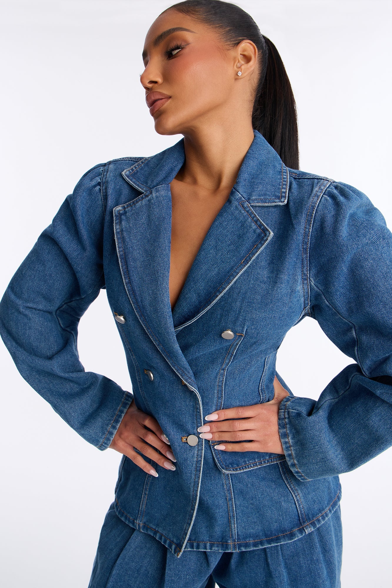 Clara Washed Denim Blazer Pant Set - Medium Wash