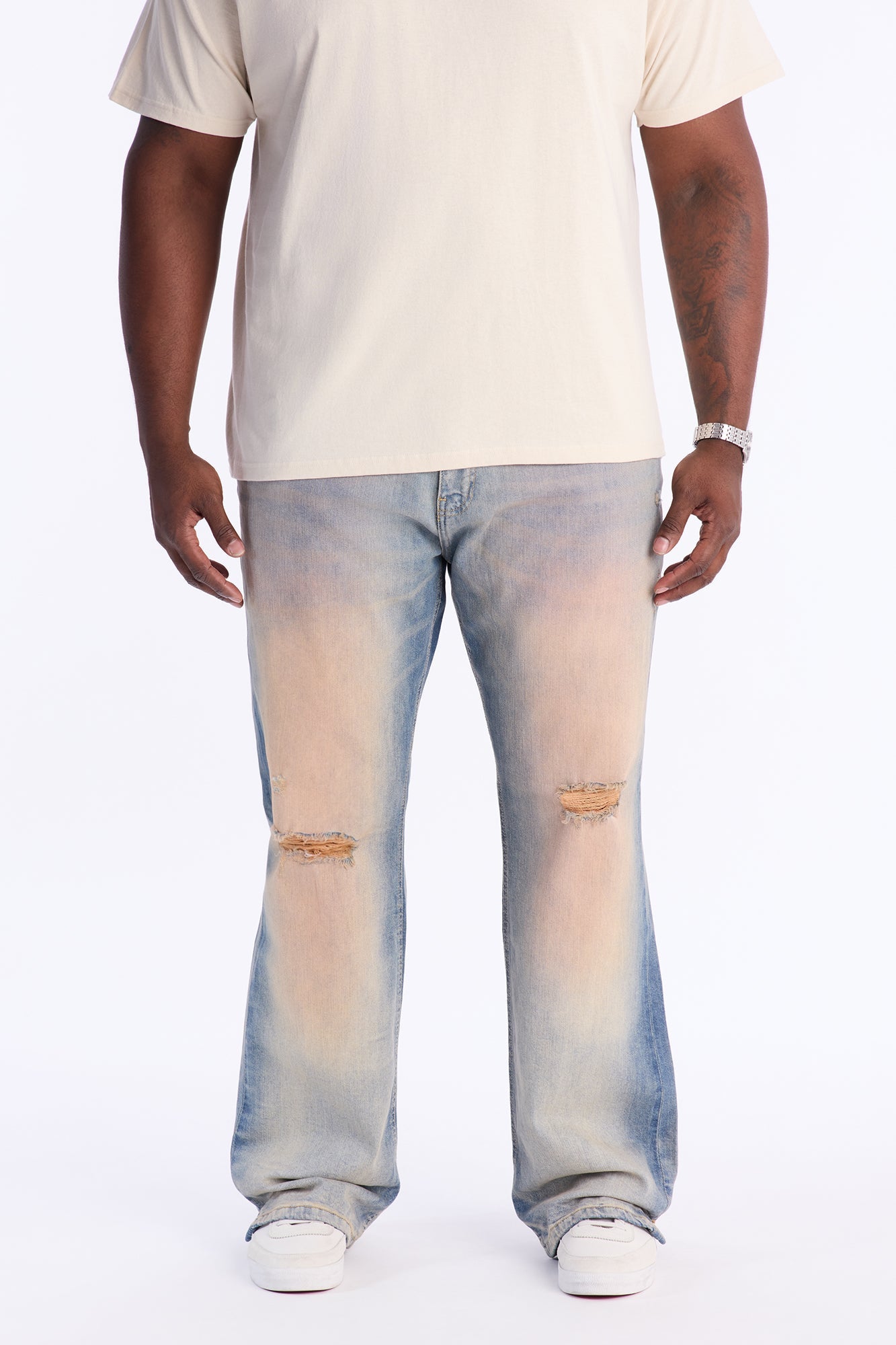 Stacked Slim Flare Tinted Distressed Slit Jean - Vintage Wash
