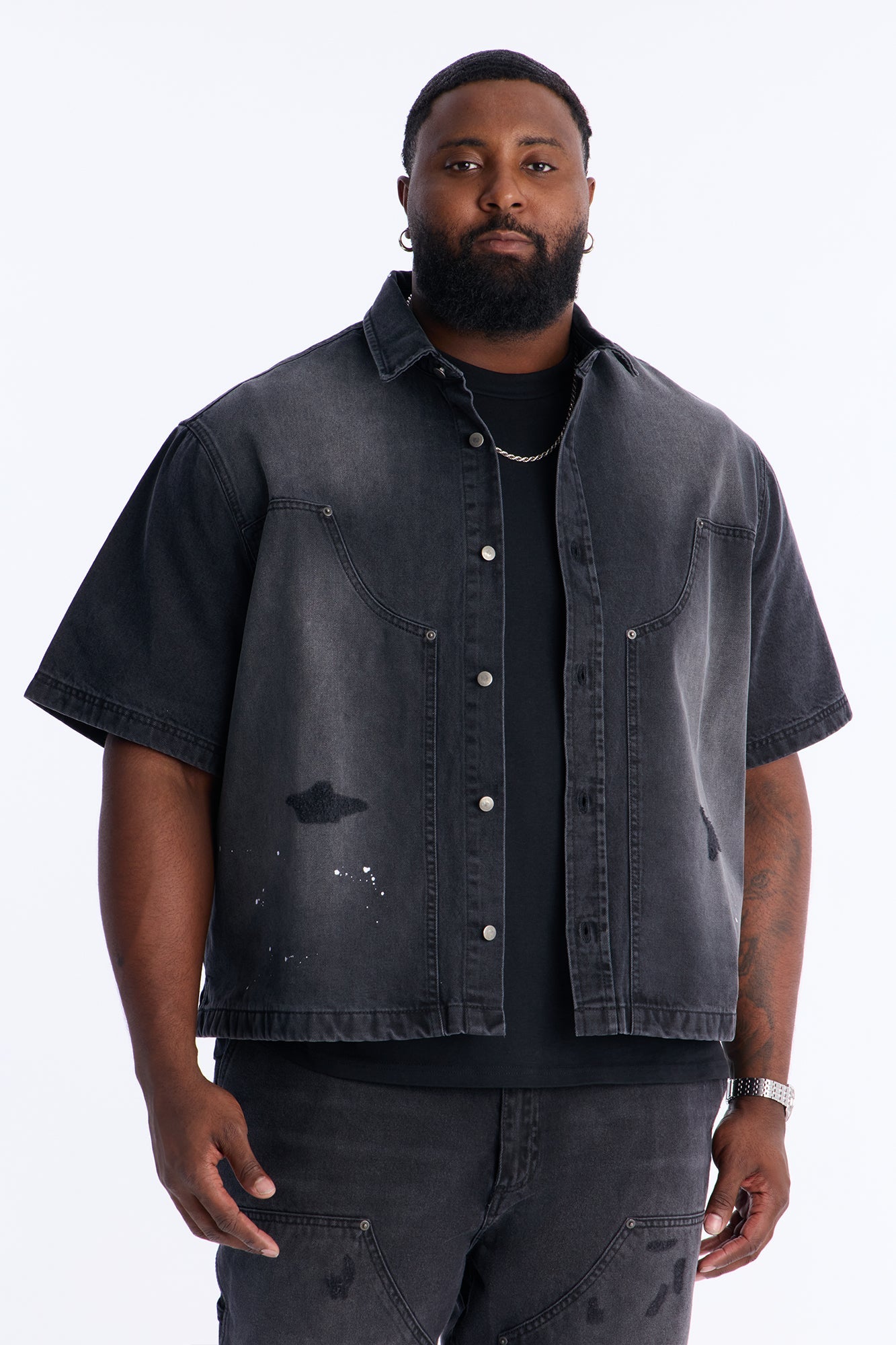 Cropped Splatter Paint Distressed Carpenter Work Shirt - Black Wash