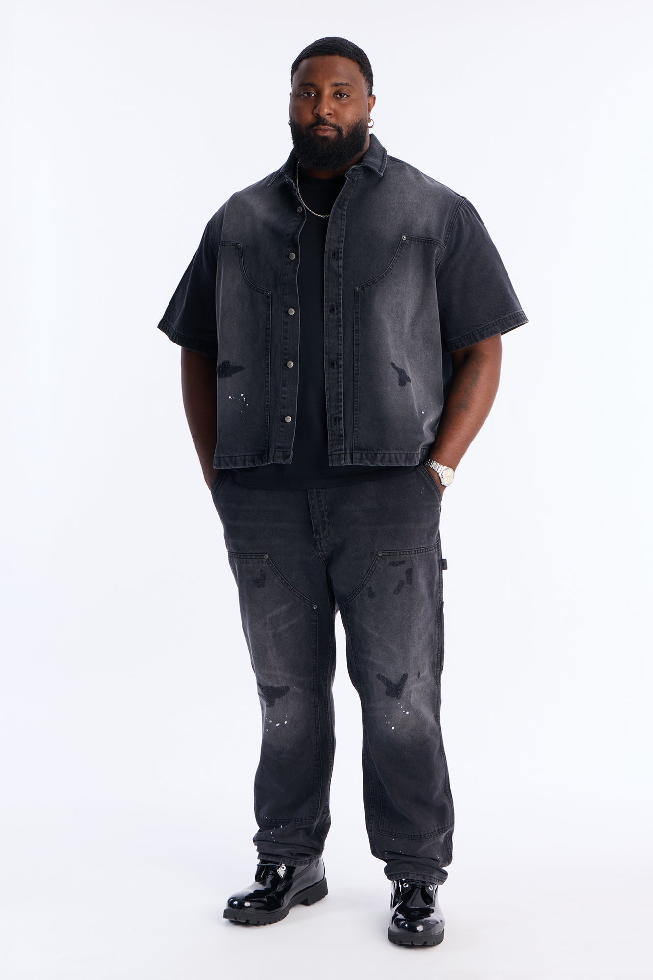 Straight Splatter Paint Distressed Carpenter Work Pant - Black Wash