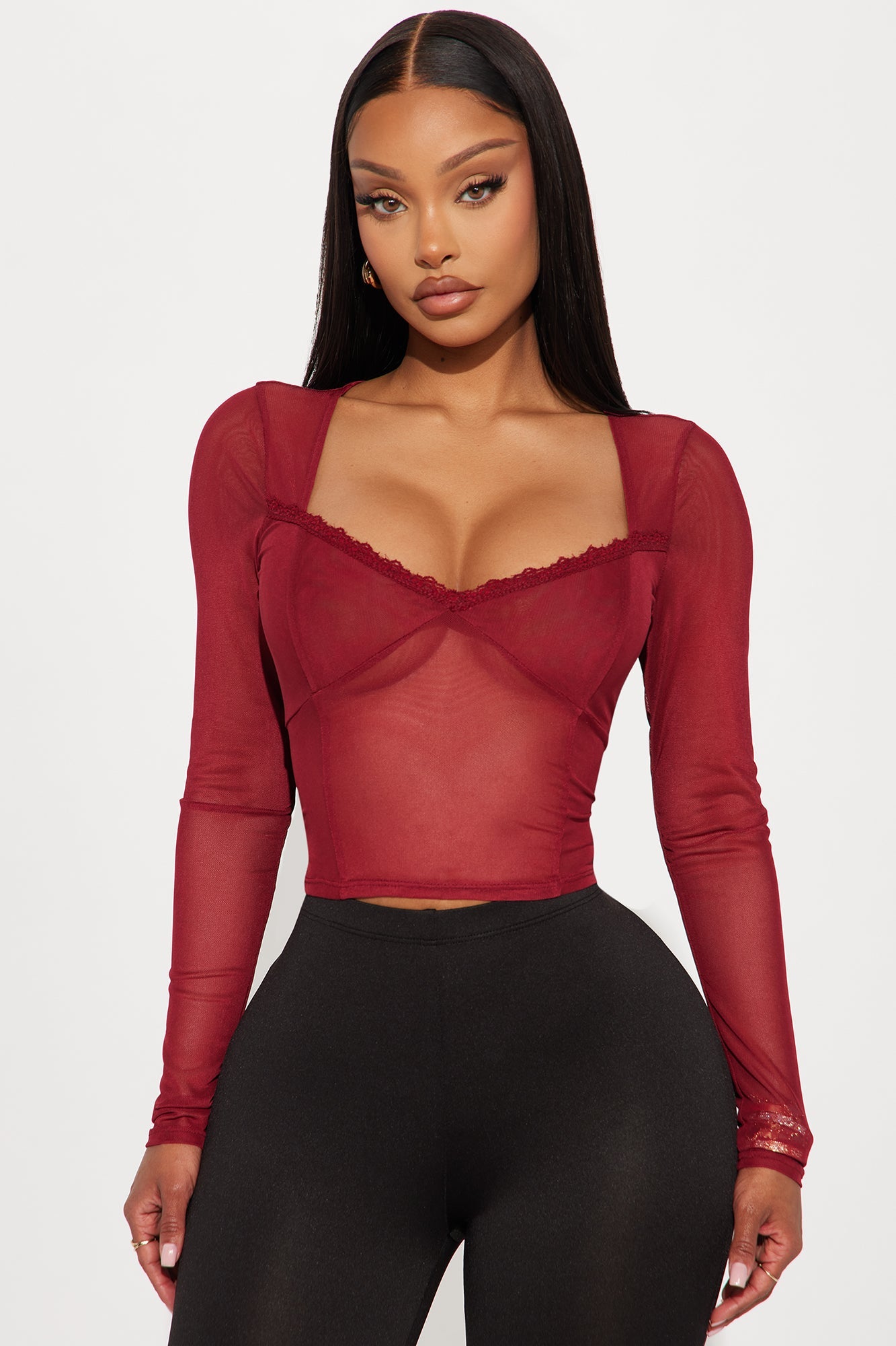 Heather Mesh Long Sleeve Top - Burgundy