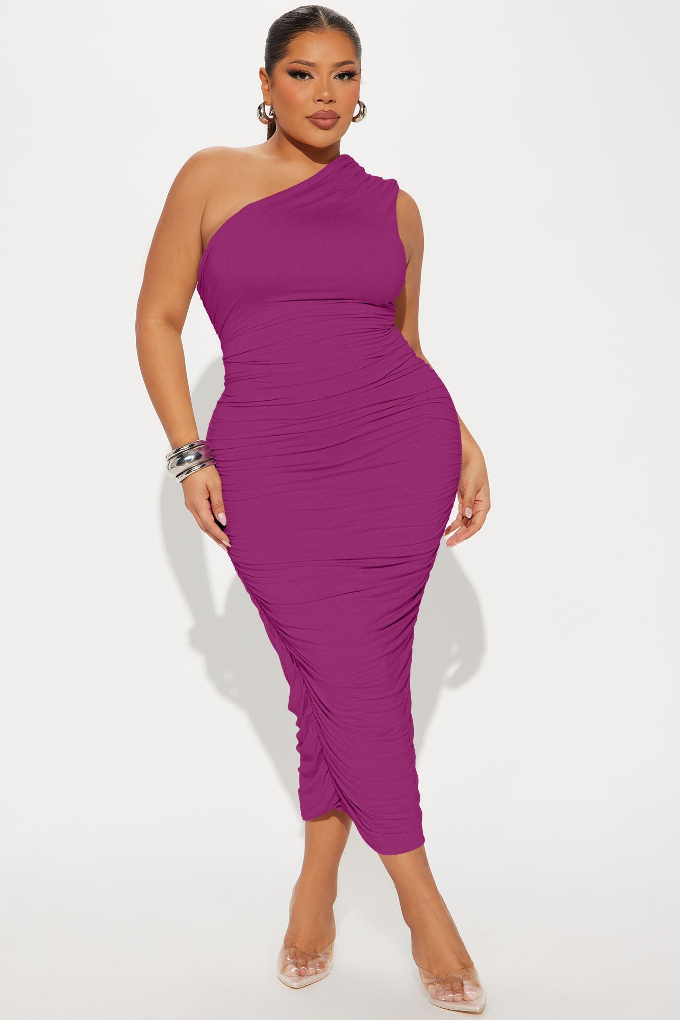 Perfect Frame Double Lined Ruched Midi Dress - Magenta