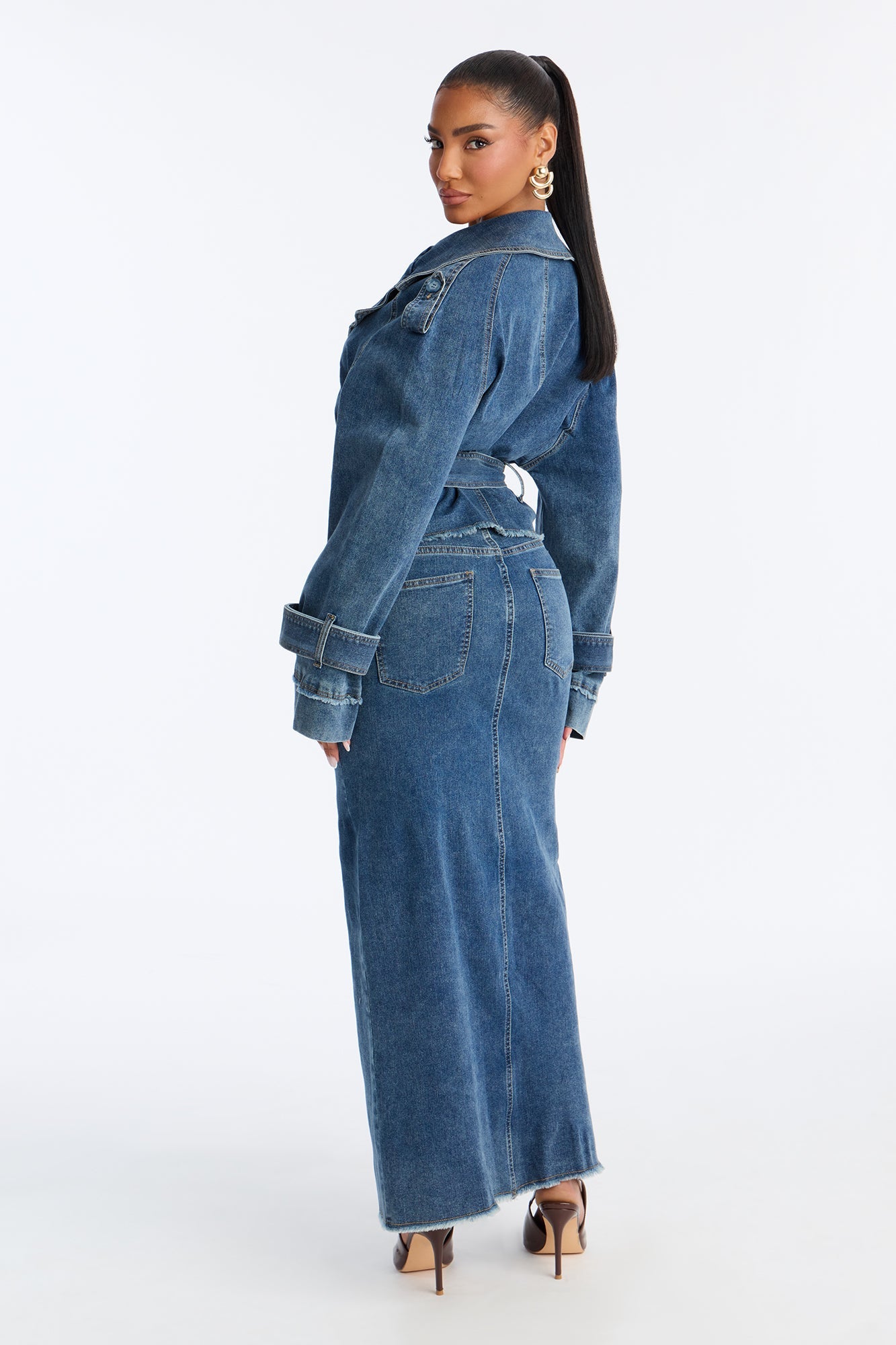 Frida Denim Belted Maxi Skirt Set - Medium Wash