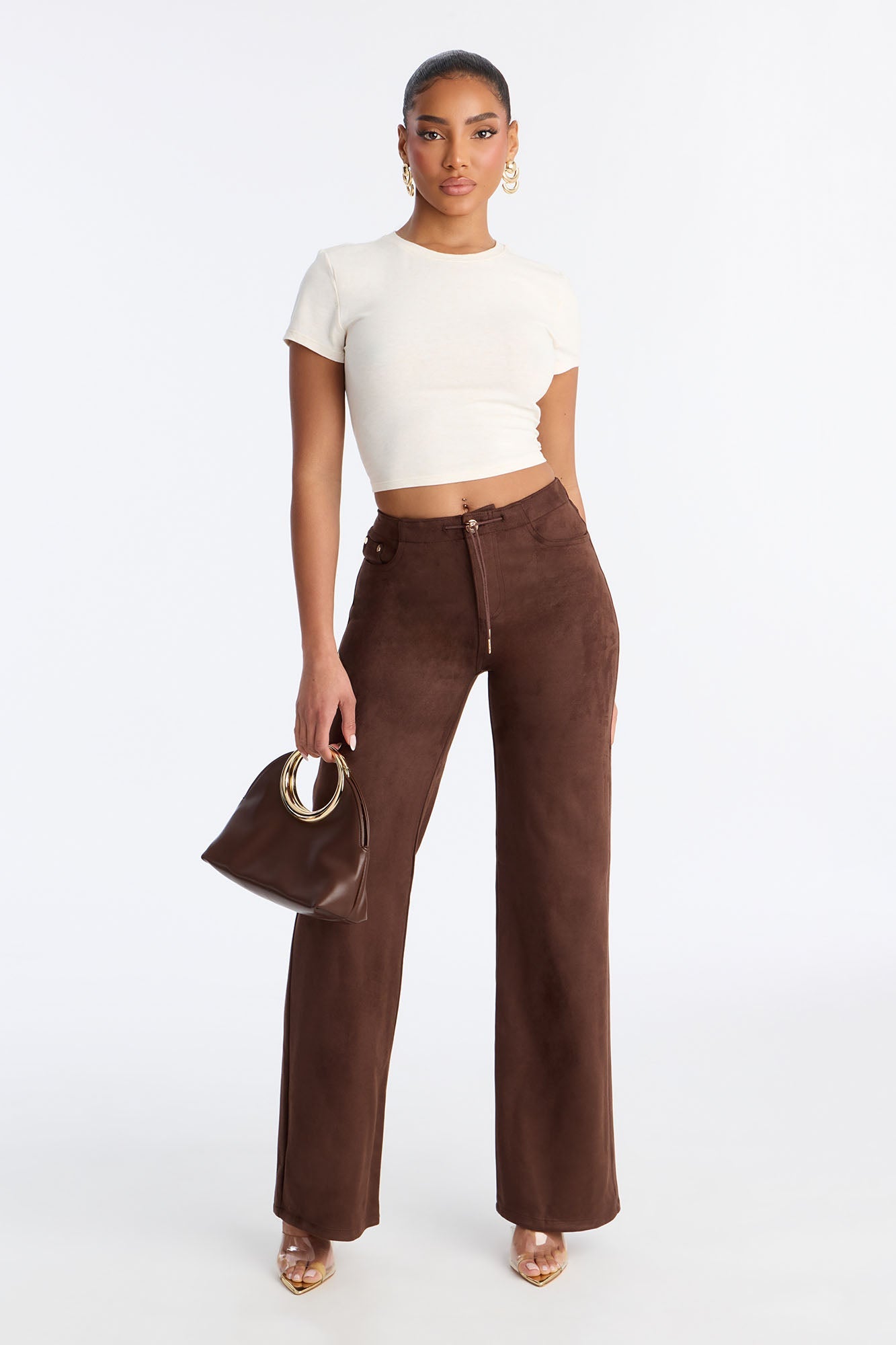 Tove Faux Suede Low Rise Wide Leg Pant 31″ - Chocolate