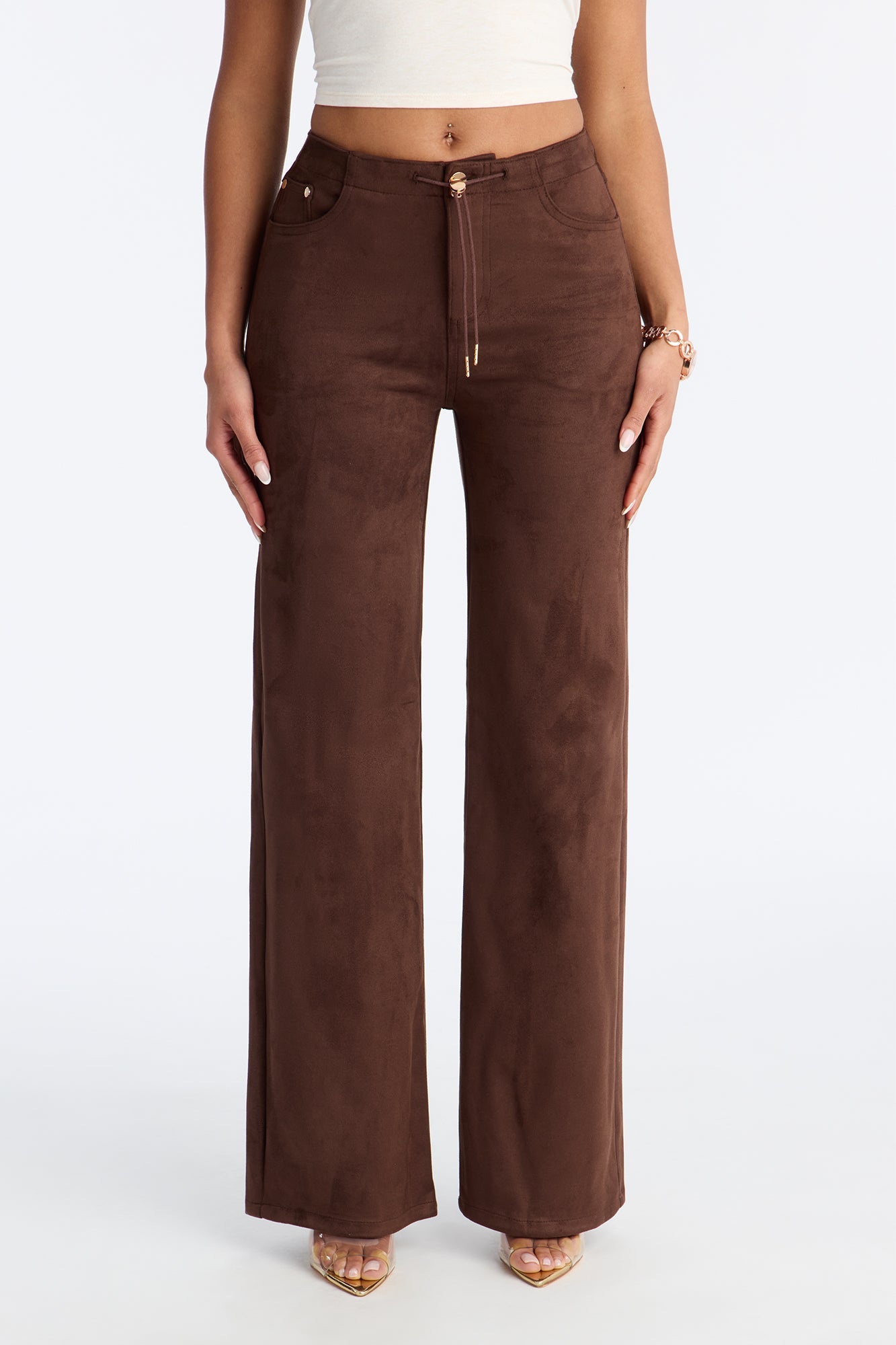 Tove Faux Suede Low Rise Wide Leg Pant 31″ - Chocolate
