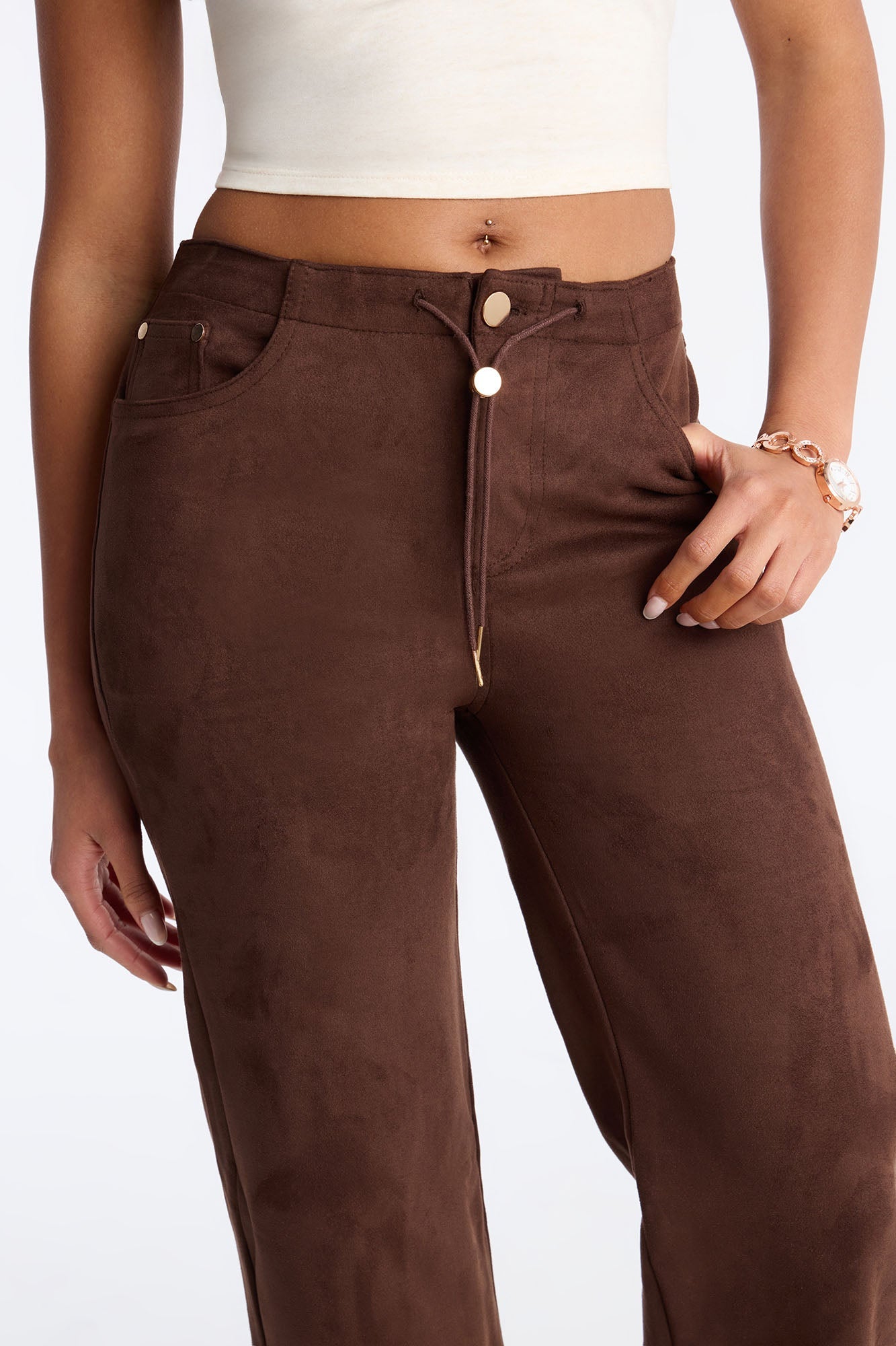 Tove Faux Suede Low Rise Wide Leg Pant 31″ - Chocolate