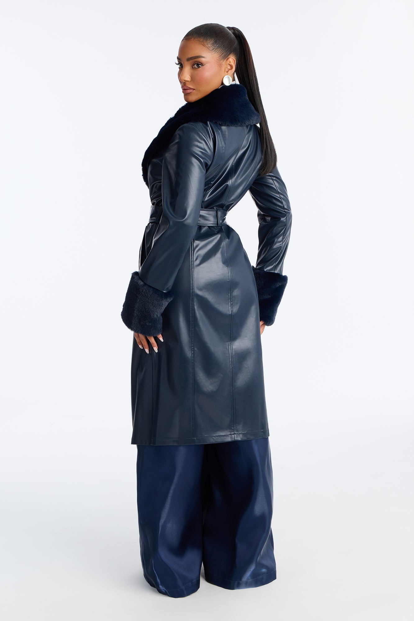 Milana Fur Trim Faux Leather Coat - Navy