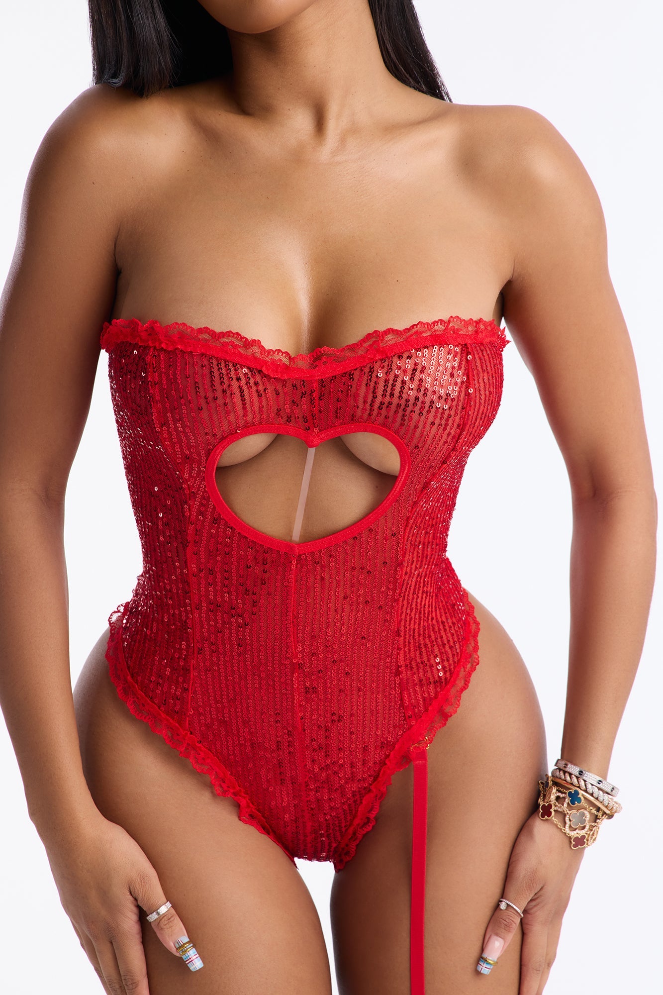 Under Your Heart Sequin Teddy With Garter Strap - Red