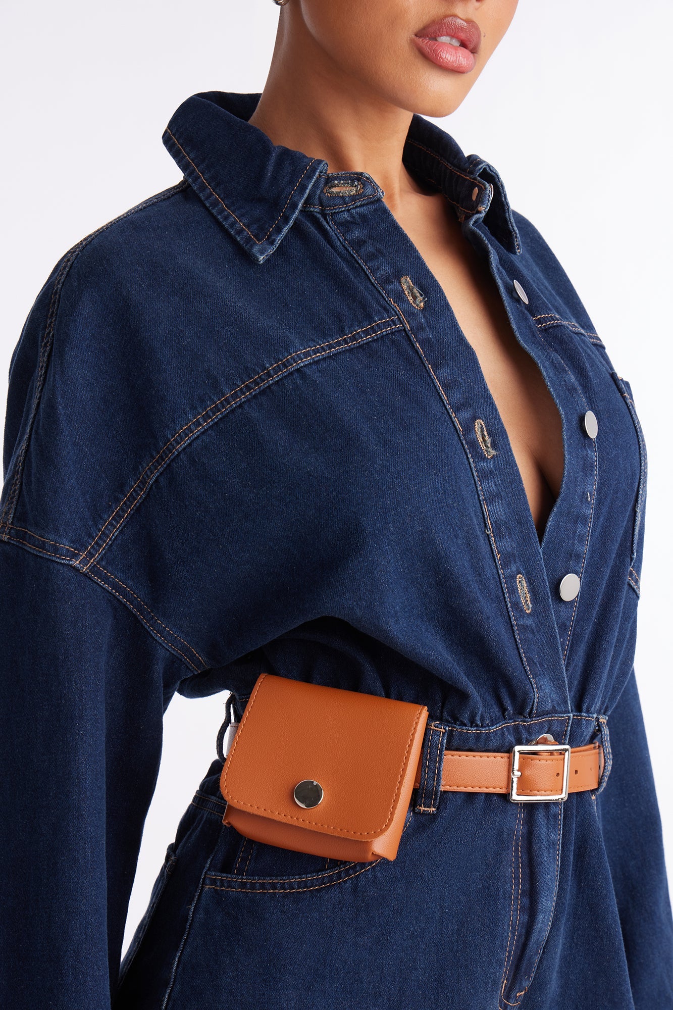 Keep It Low Key Belted Denim Romper - Dark Denim