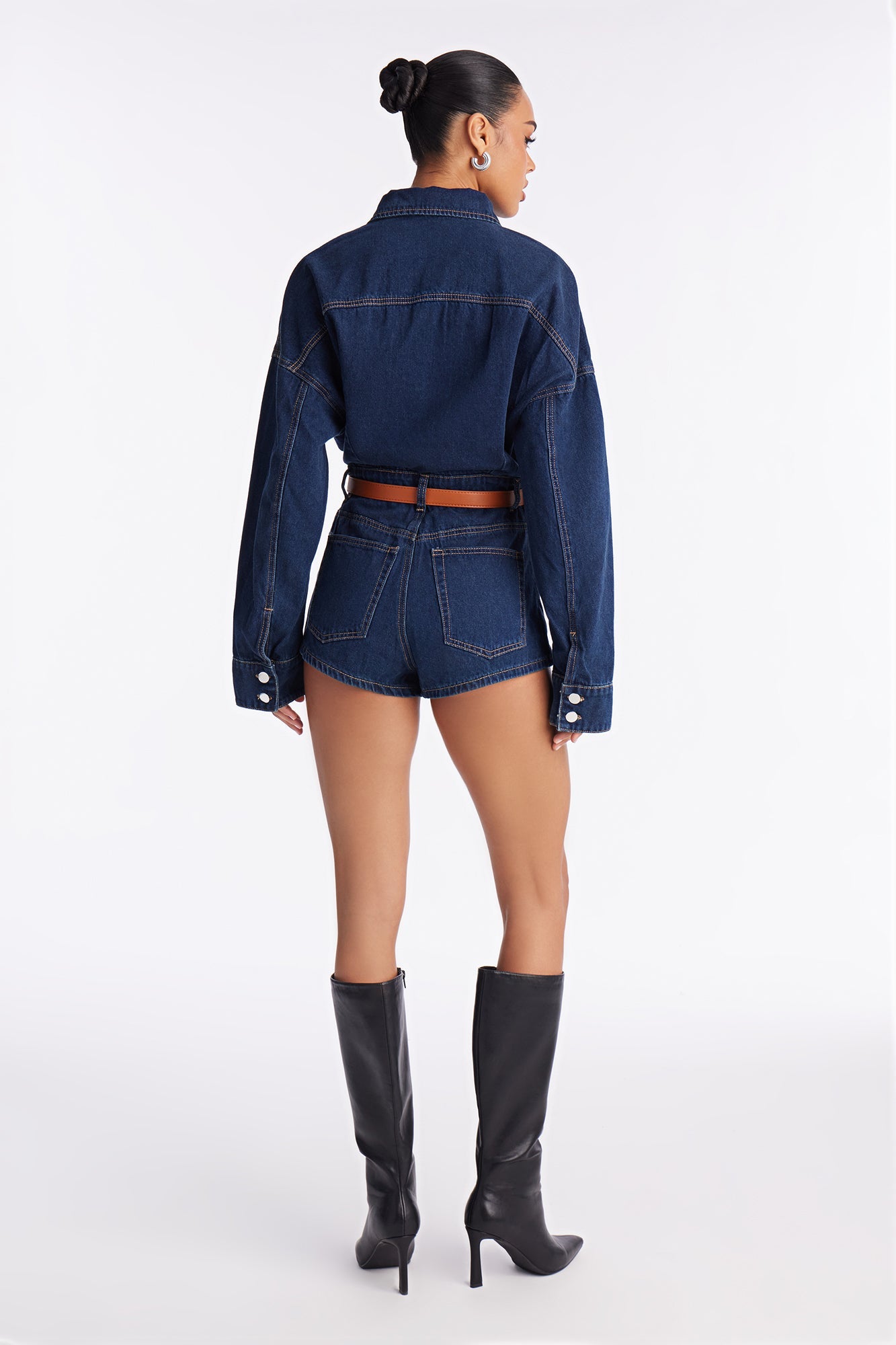 Keep It Low Key Belted Denim Romper - Dark Denim