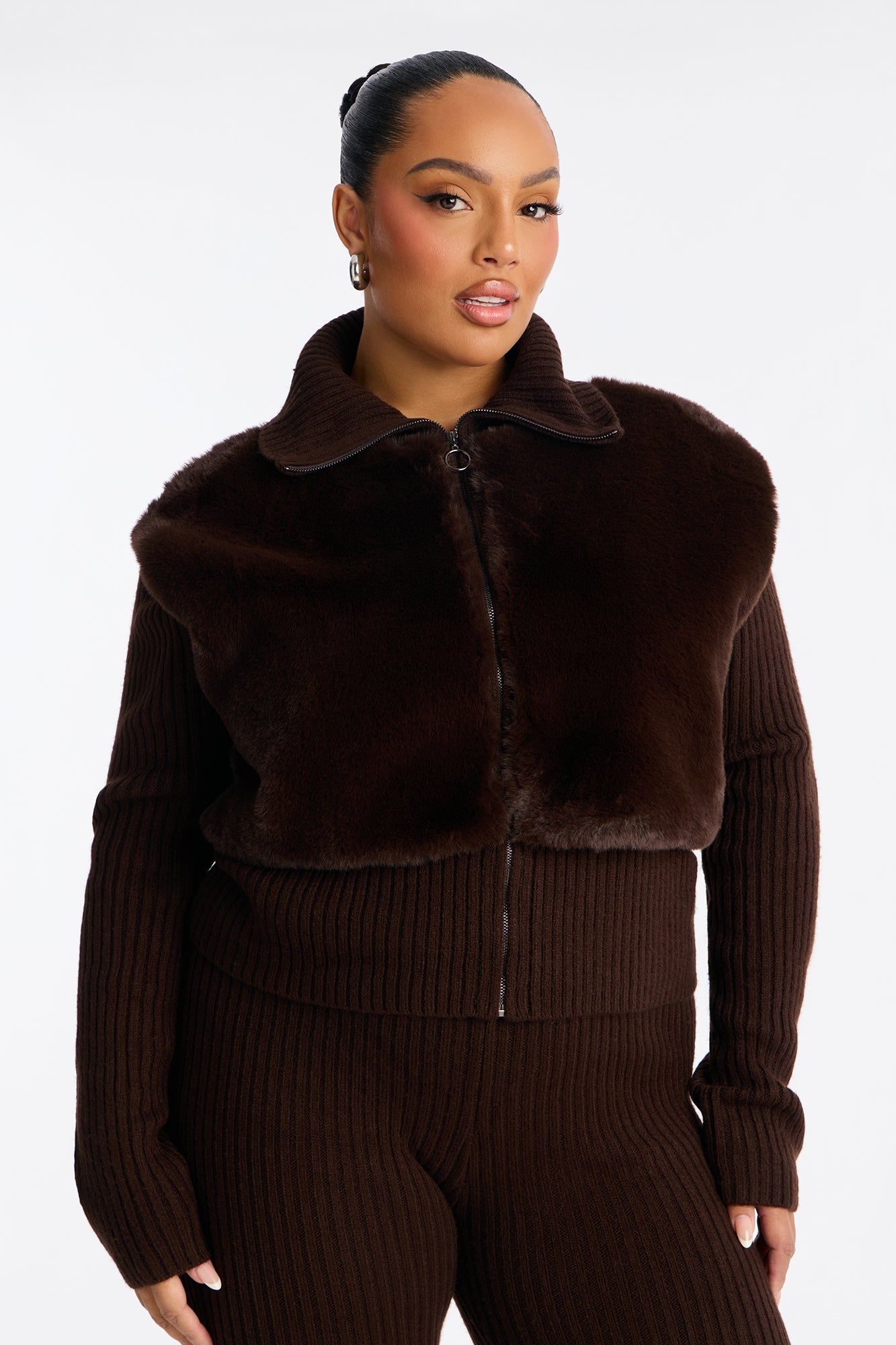 Nina Fur Trim Flare Leg Pant Set - Chocolate