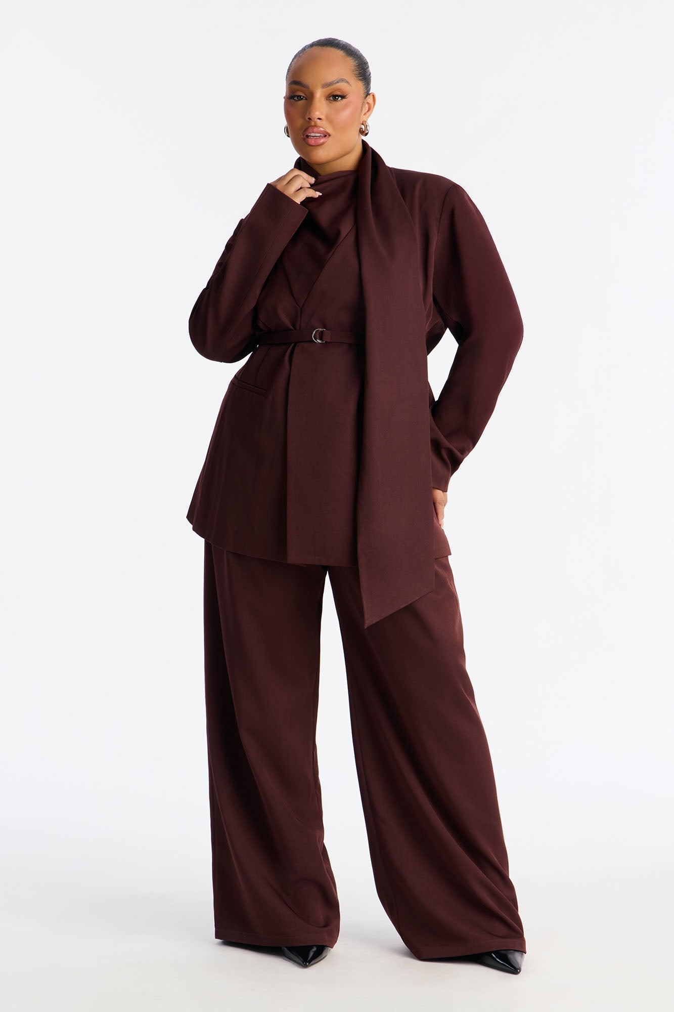 Not Your Secretary Scarf Belted Blazer - Wine