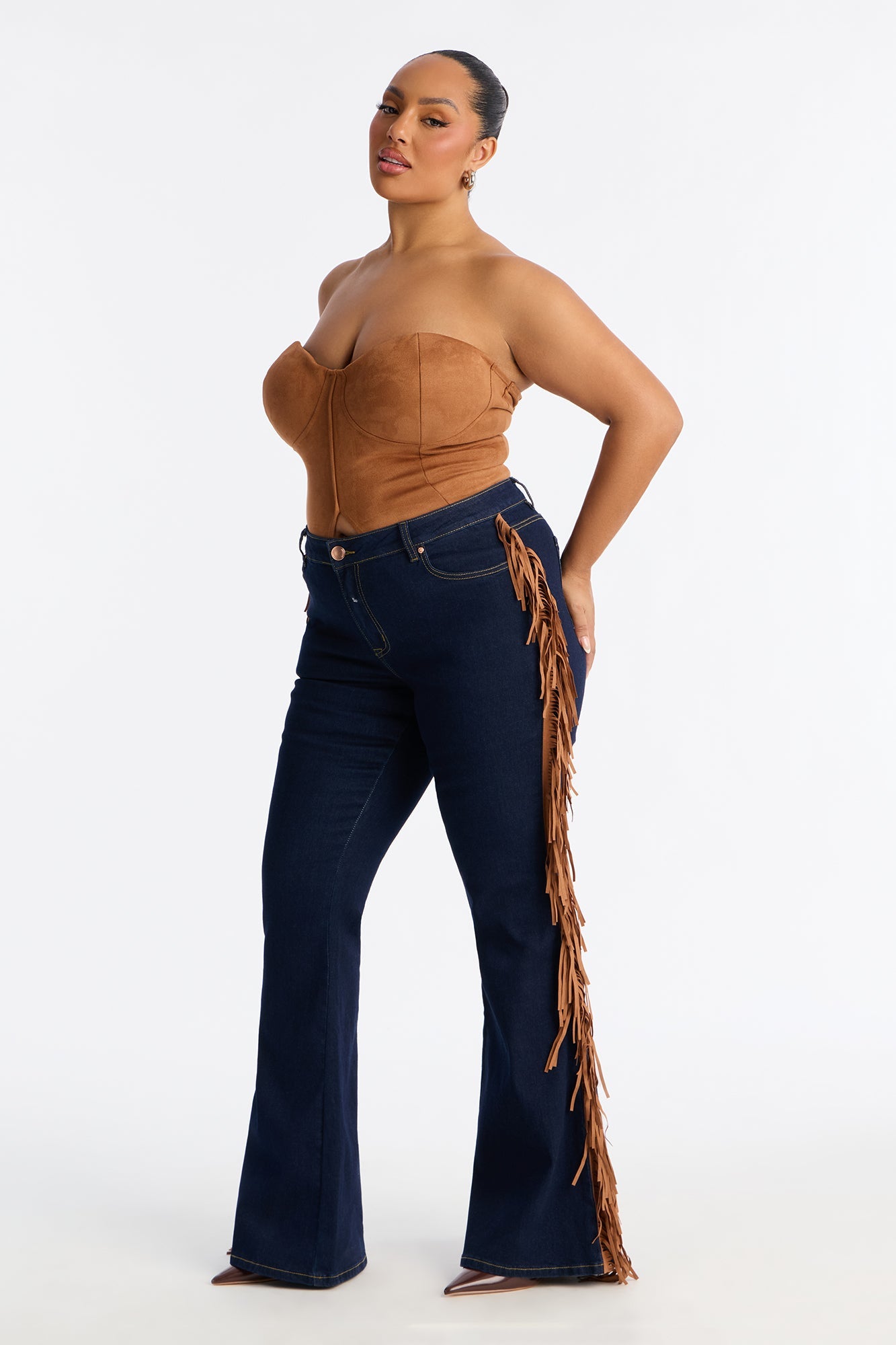 Howdy Girl Low Rise Fringe Flare Jeans - Dark Denim