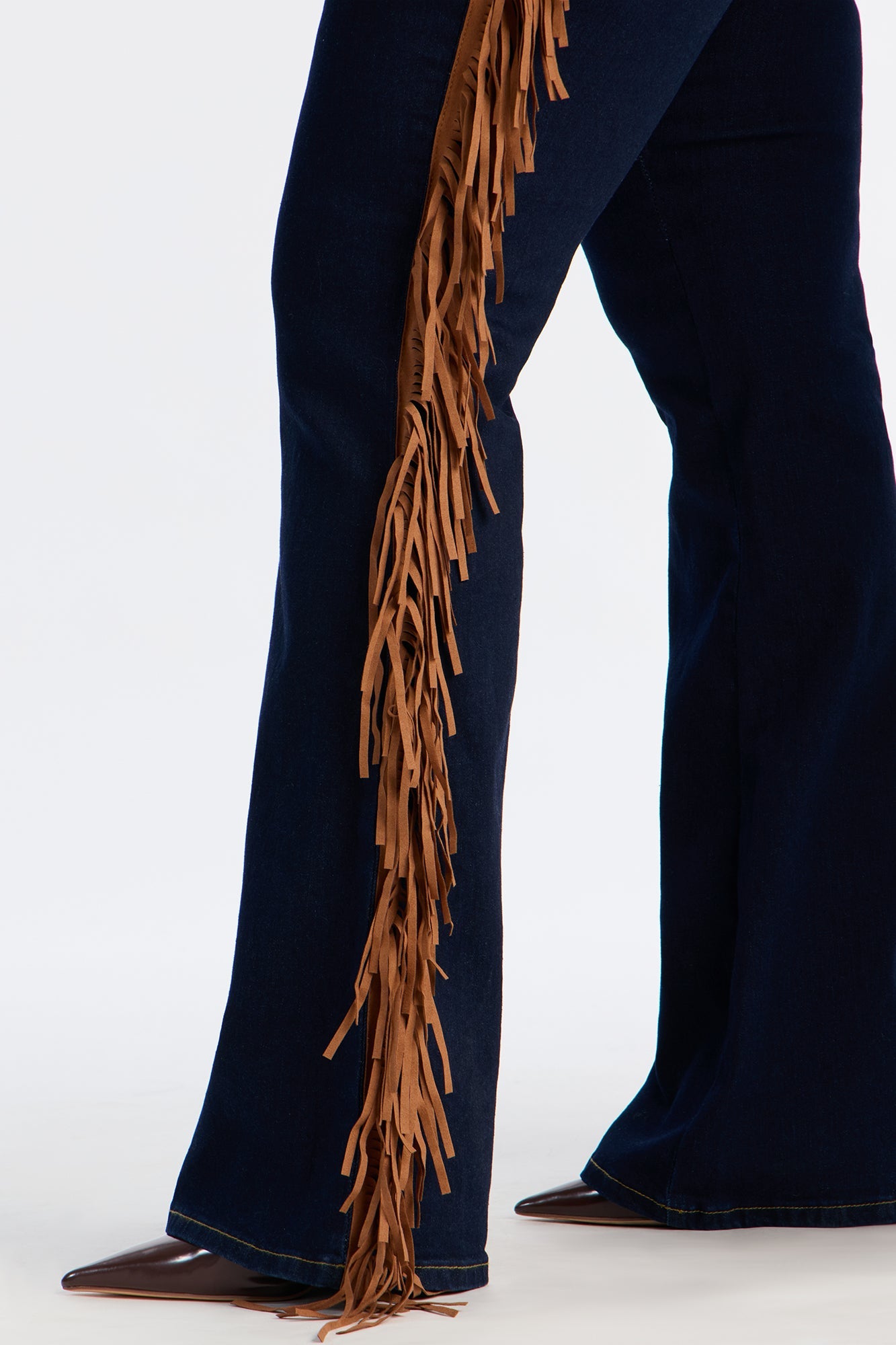 Howdy Girl Low Rise Fringe Flare Jeans - Dark Denim
