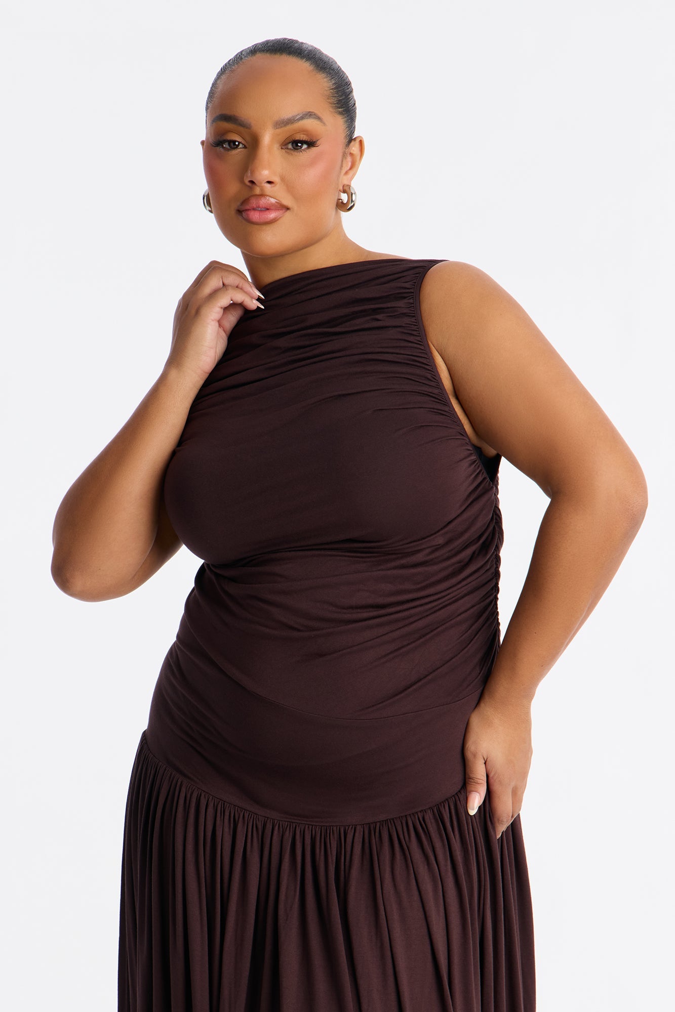 Maisie Ruched Drop Waist Maxi Dress - Chocolate
