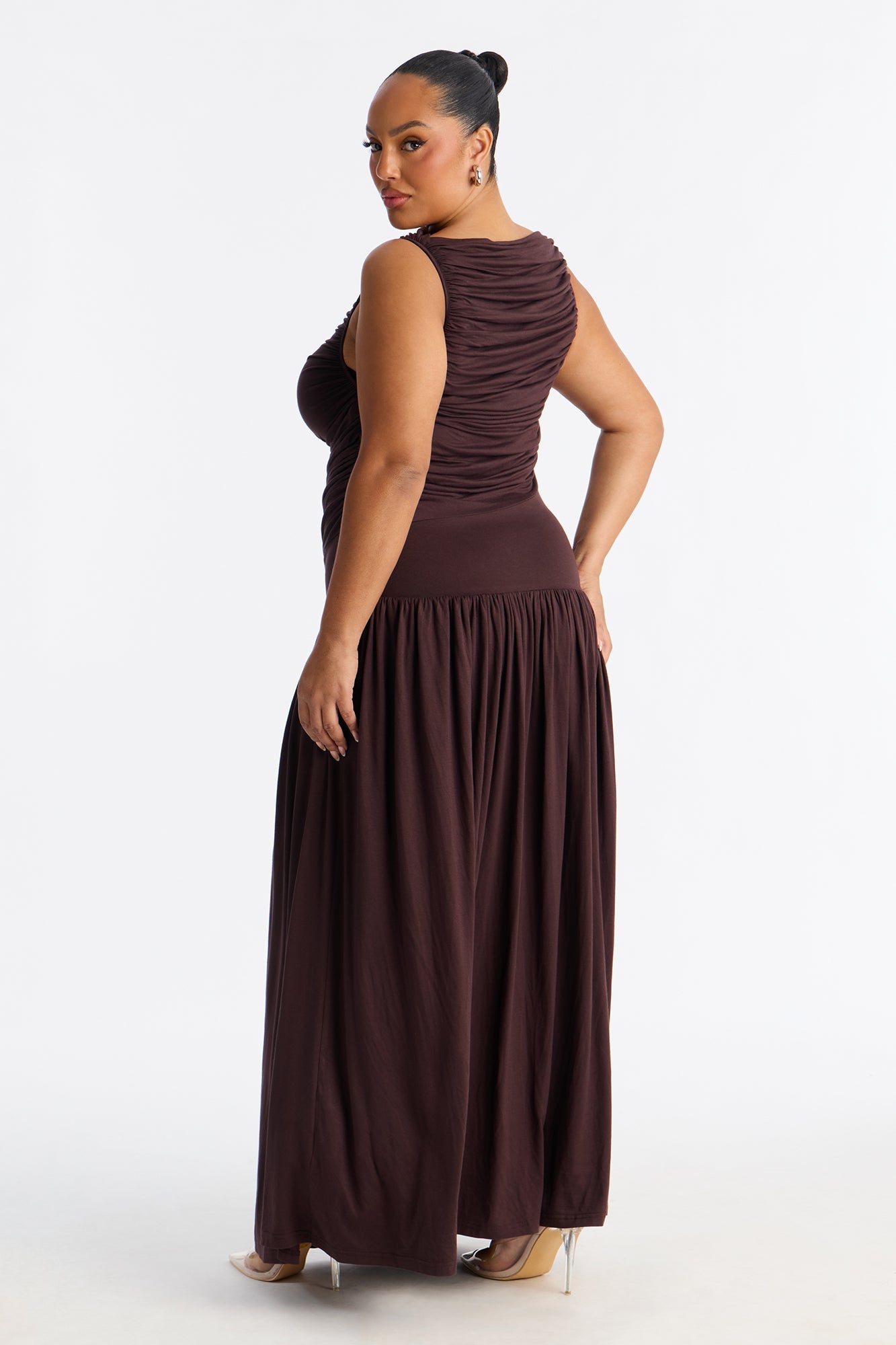 Maisie Ruched Drop Waist Maxi Dress - Chocolate