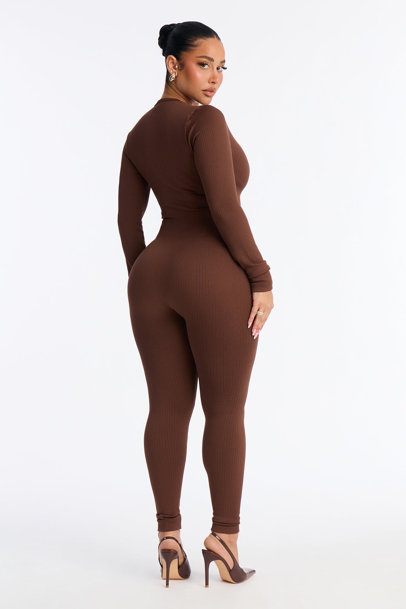 Carolina Ribbed Plunge Neck Catsuit - Chocolate