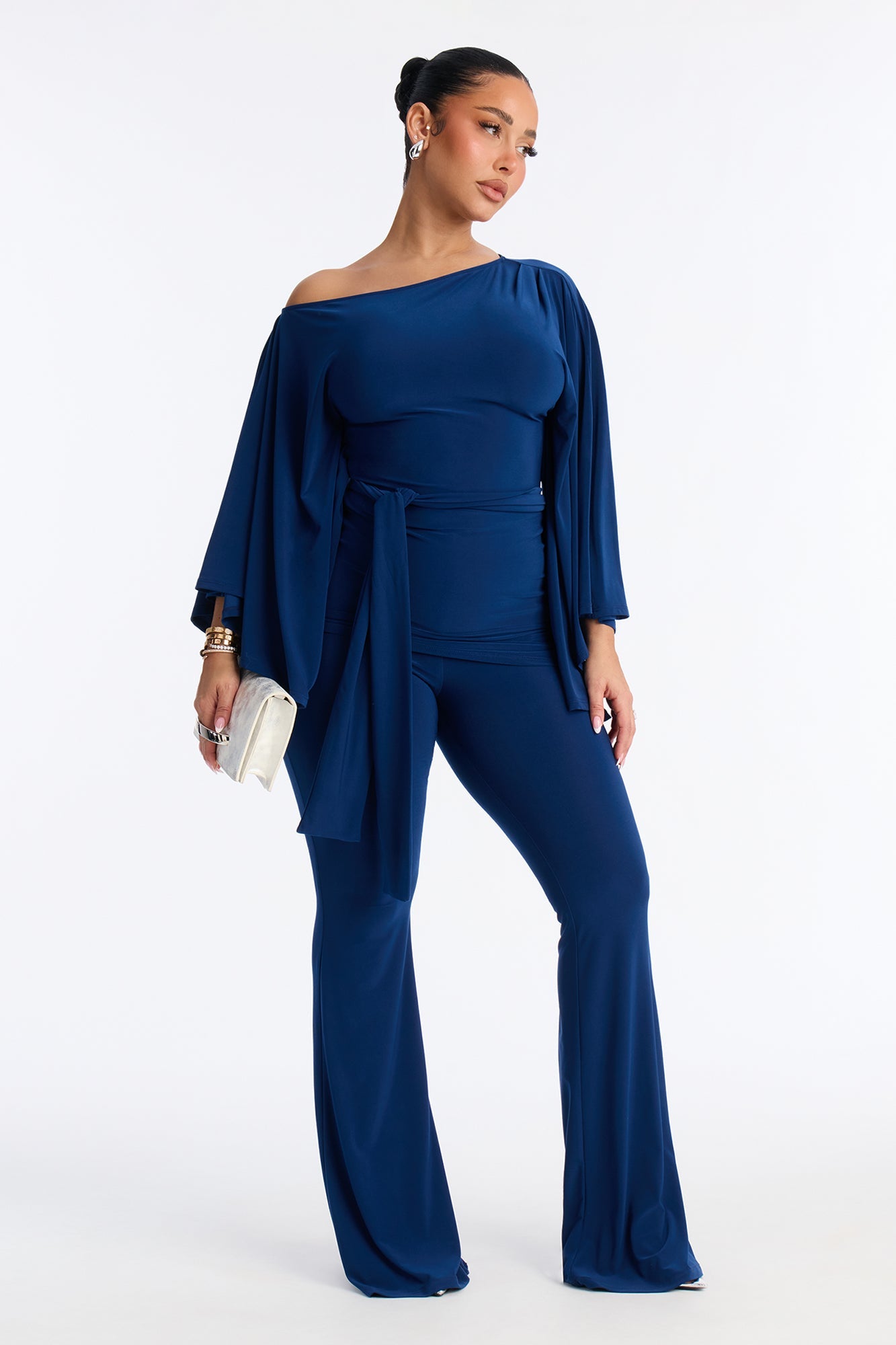 Tara Off Shoulder Flare Pant Set - Navy