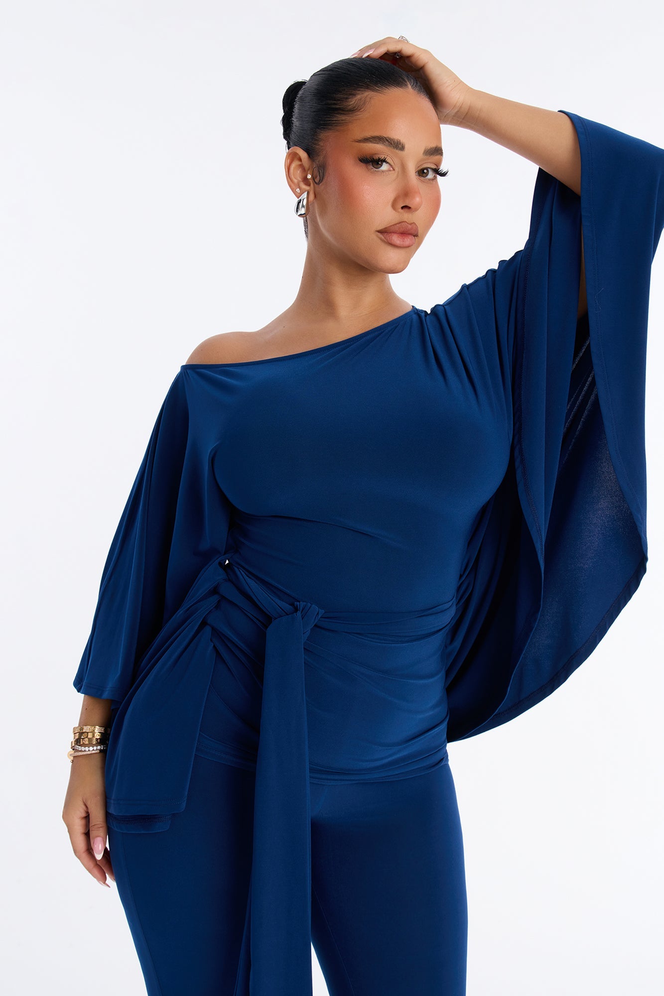 Tara Off Shoulder Flare Pant Set - Navy