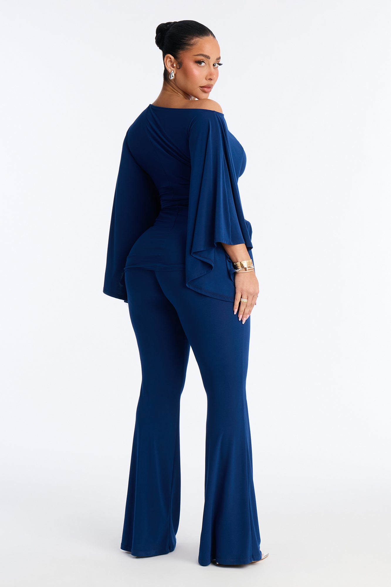 Tara Off Shoulder Flare Pant Set - Navy