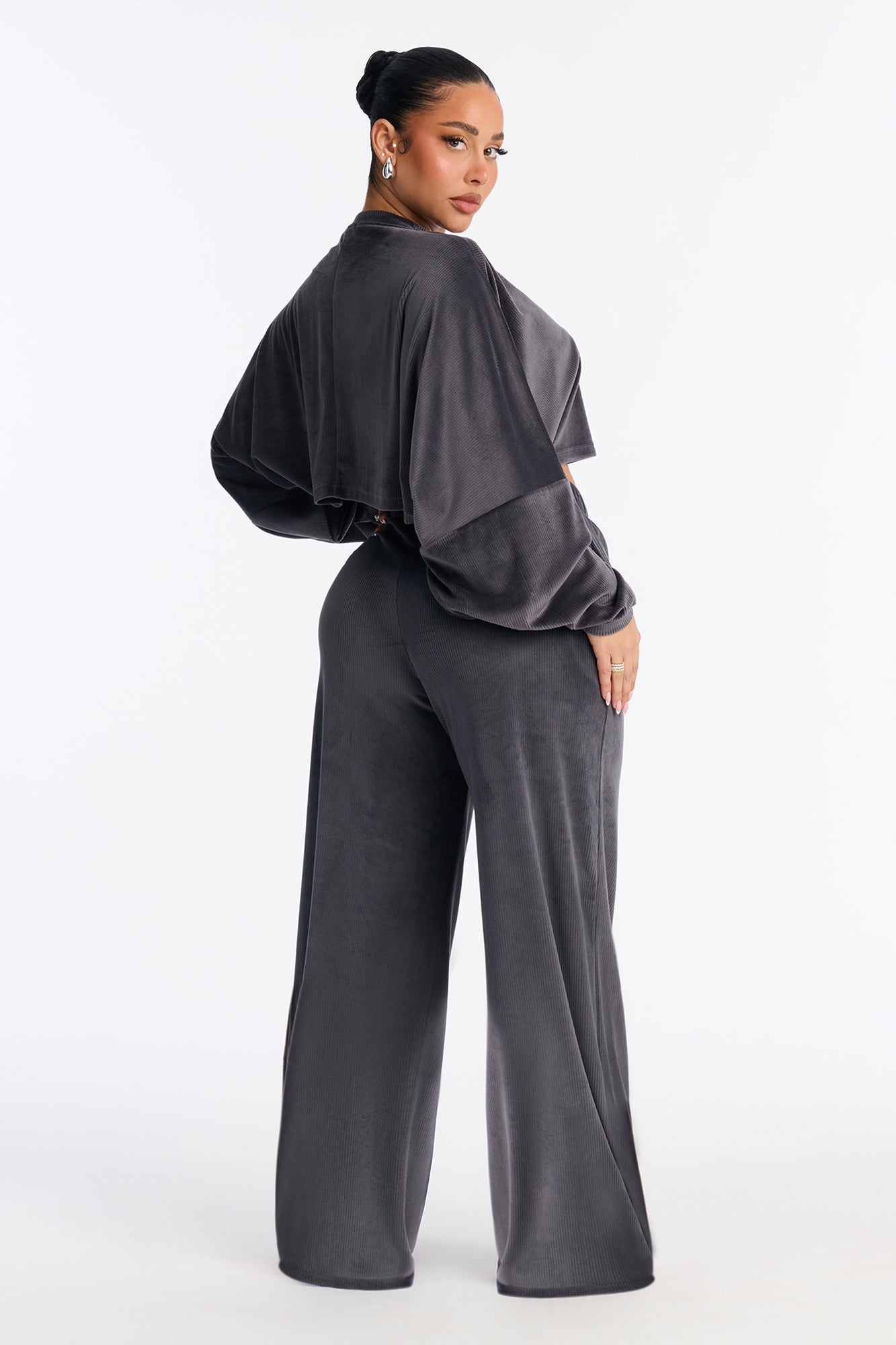 Vicky Ribbed Cropped Sweatshirt Crewneck - Charcoal