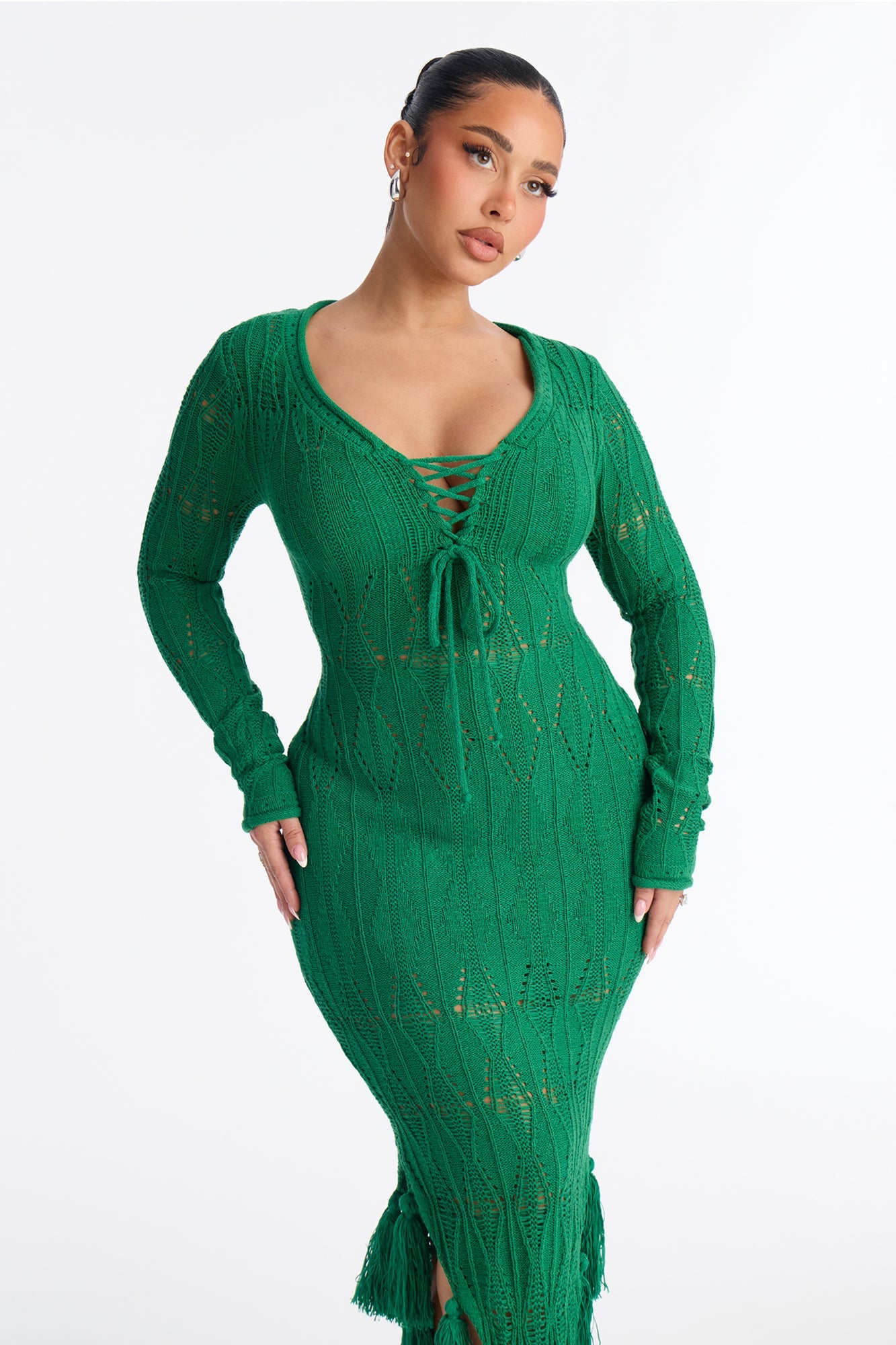 Feyre Fringe Trim Sweater Maxi Dress - Kelly Green