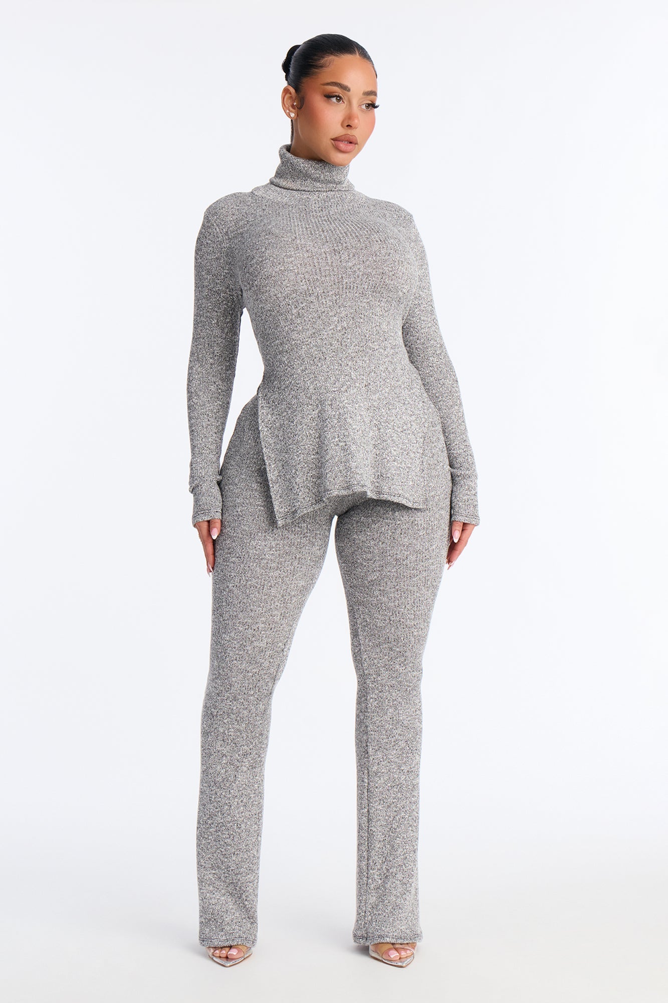 Maya Turtle Neck Flare Pant Set - Grey