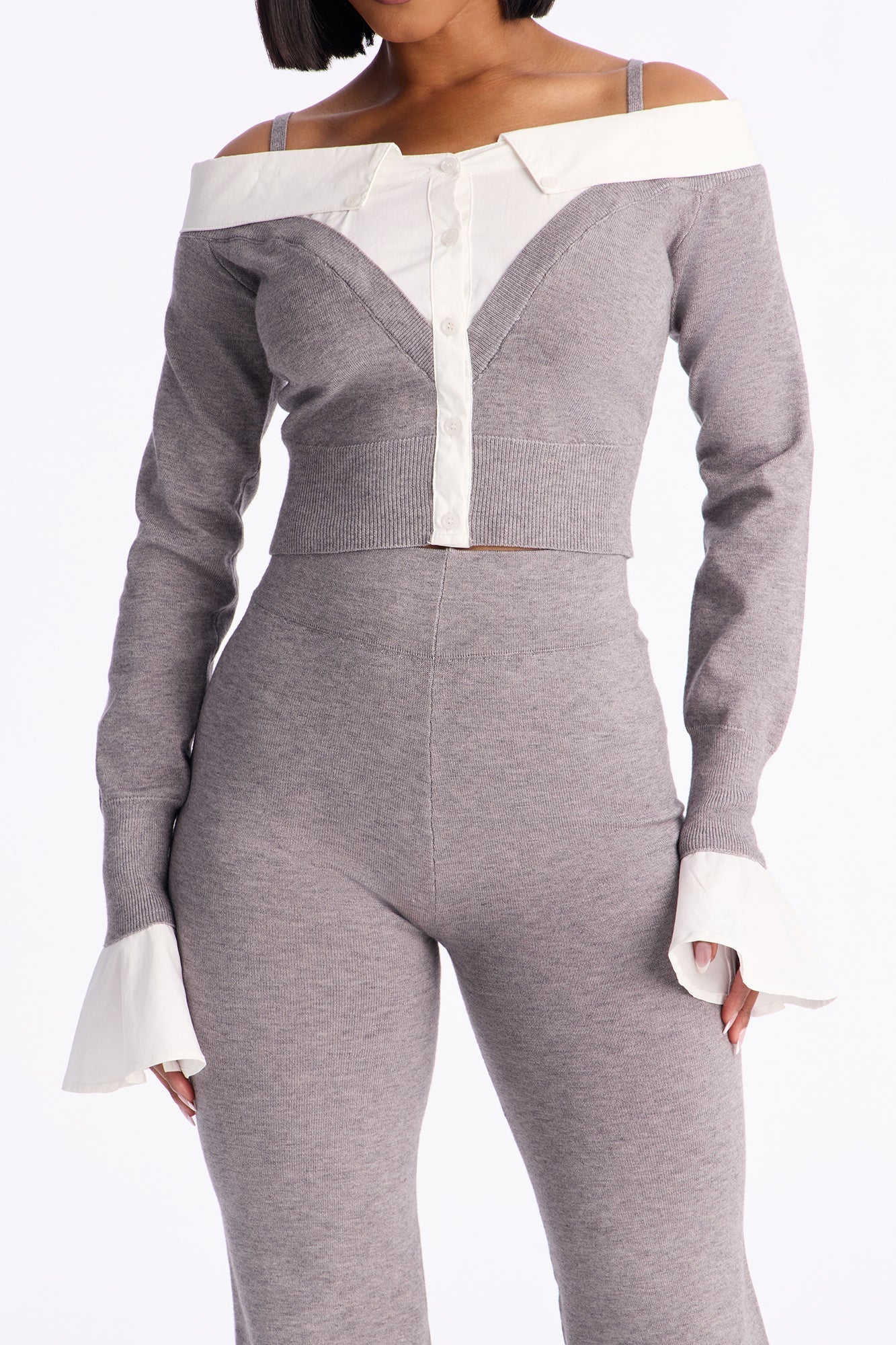 Katherine Sweater Off Shoulder Pant Set - Grey