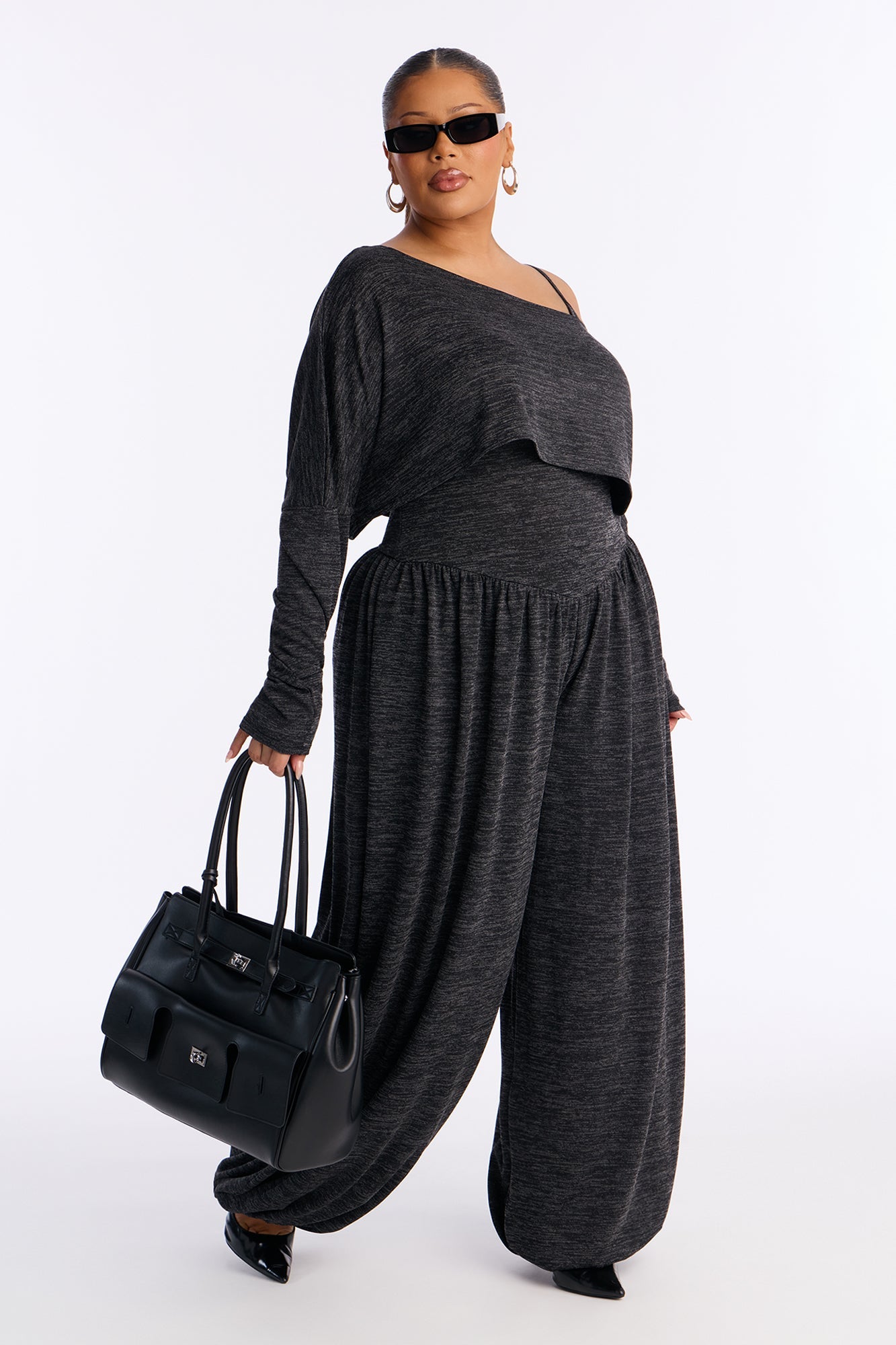 Alania 2 Piece Draped Sweater Balloon Leg Jumpsuit - Charcoal/combo
