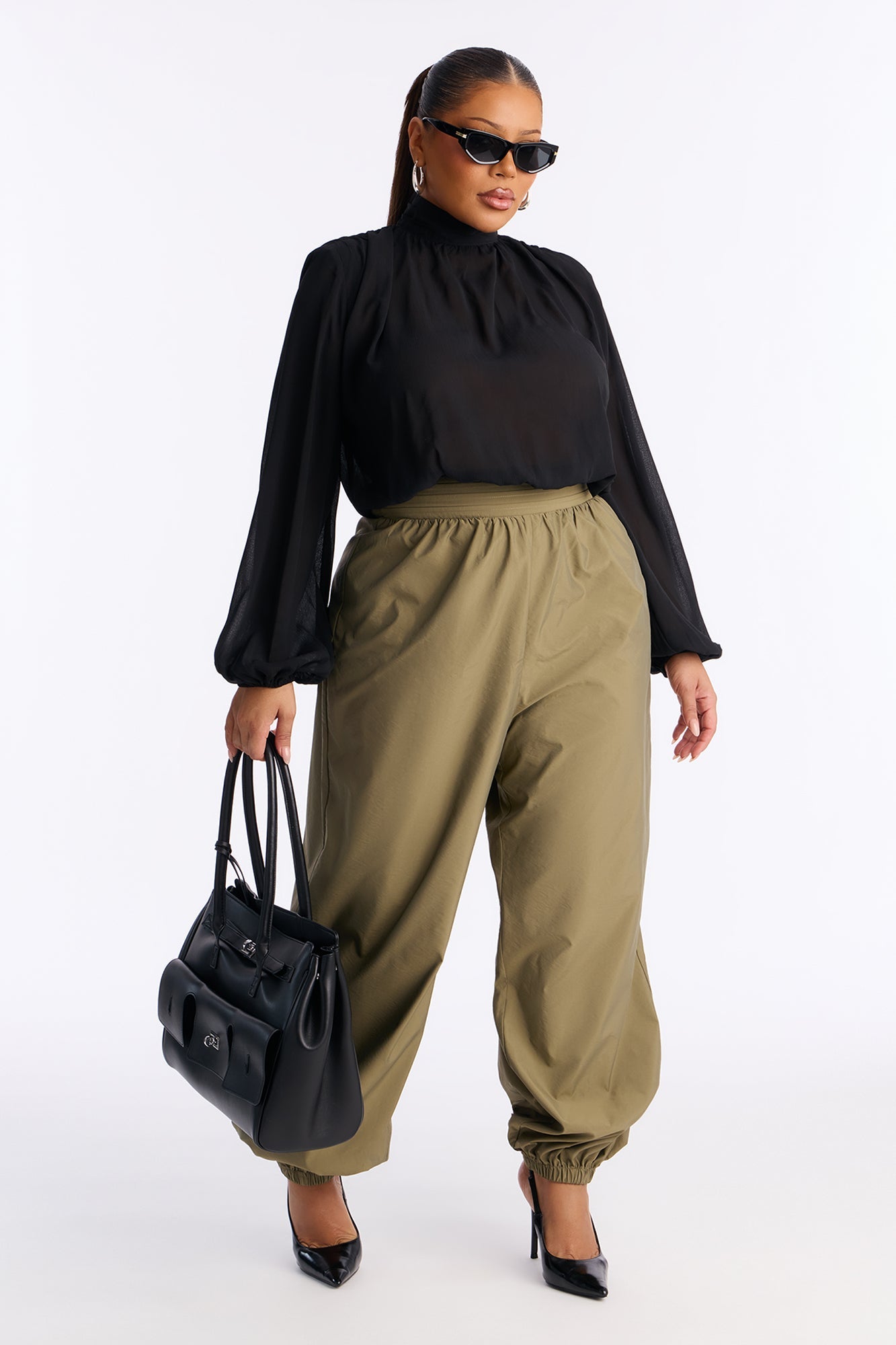 Karina Mock Neck Balloon Wide Leg Jumpsuit - Olive/combo