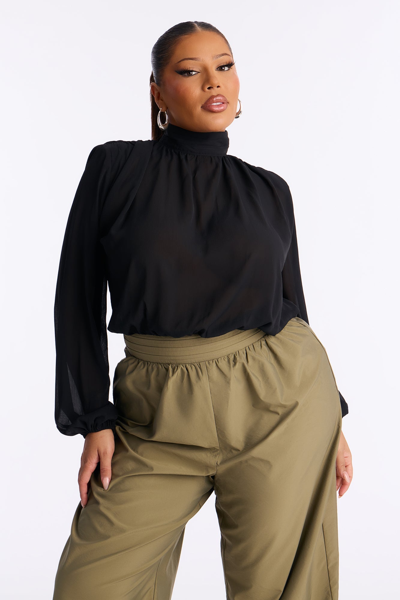 Karina Mock Neck Balloon Wide Leg Jumpsuit - Olive/combo