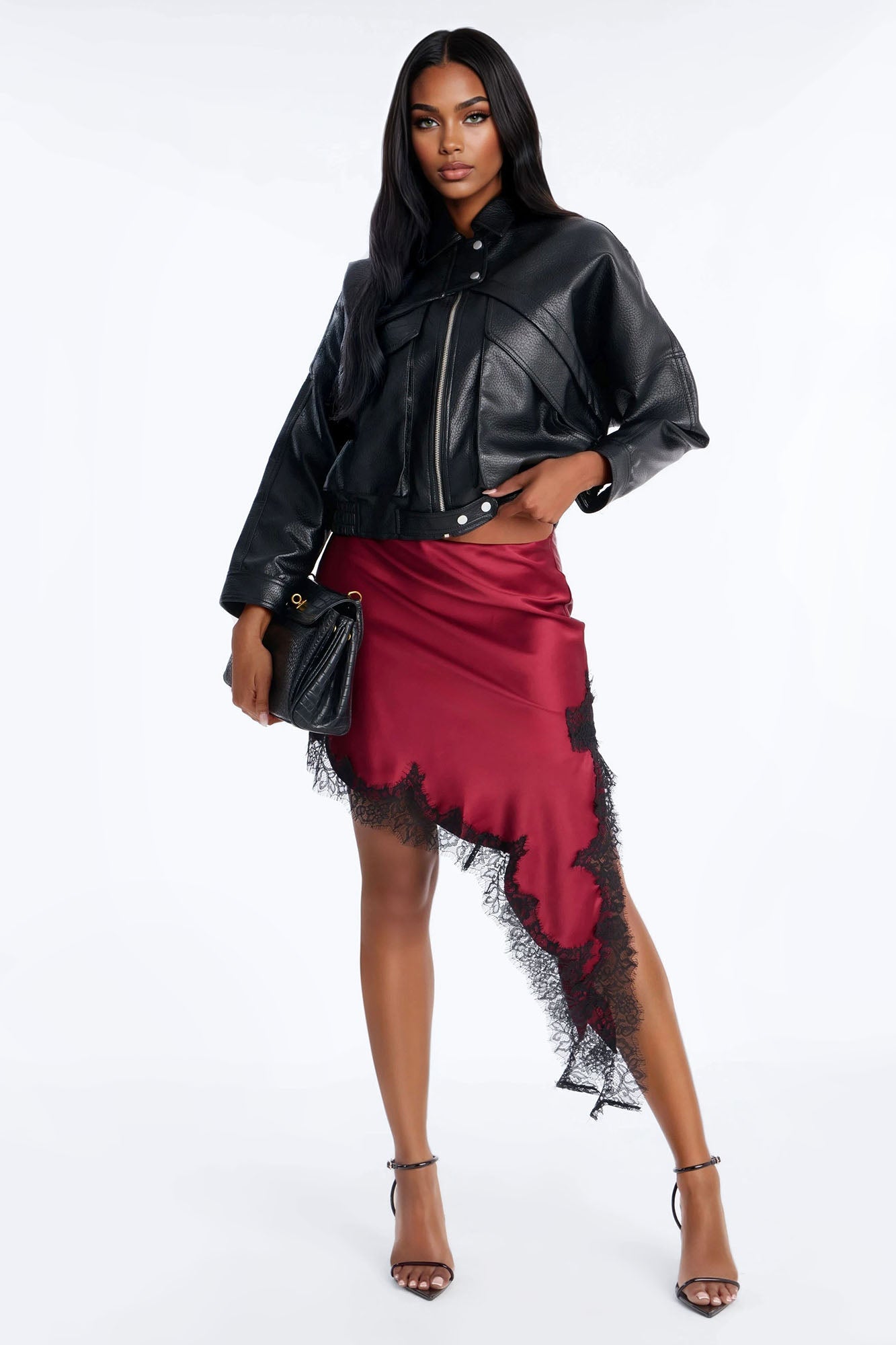 Juliette Asymmetrical Lace Trim Satin Midi Skirt - Wine