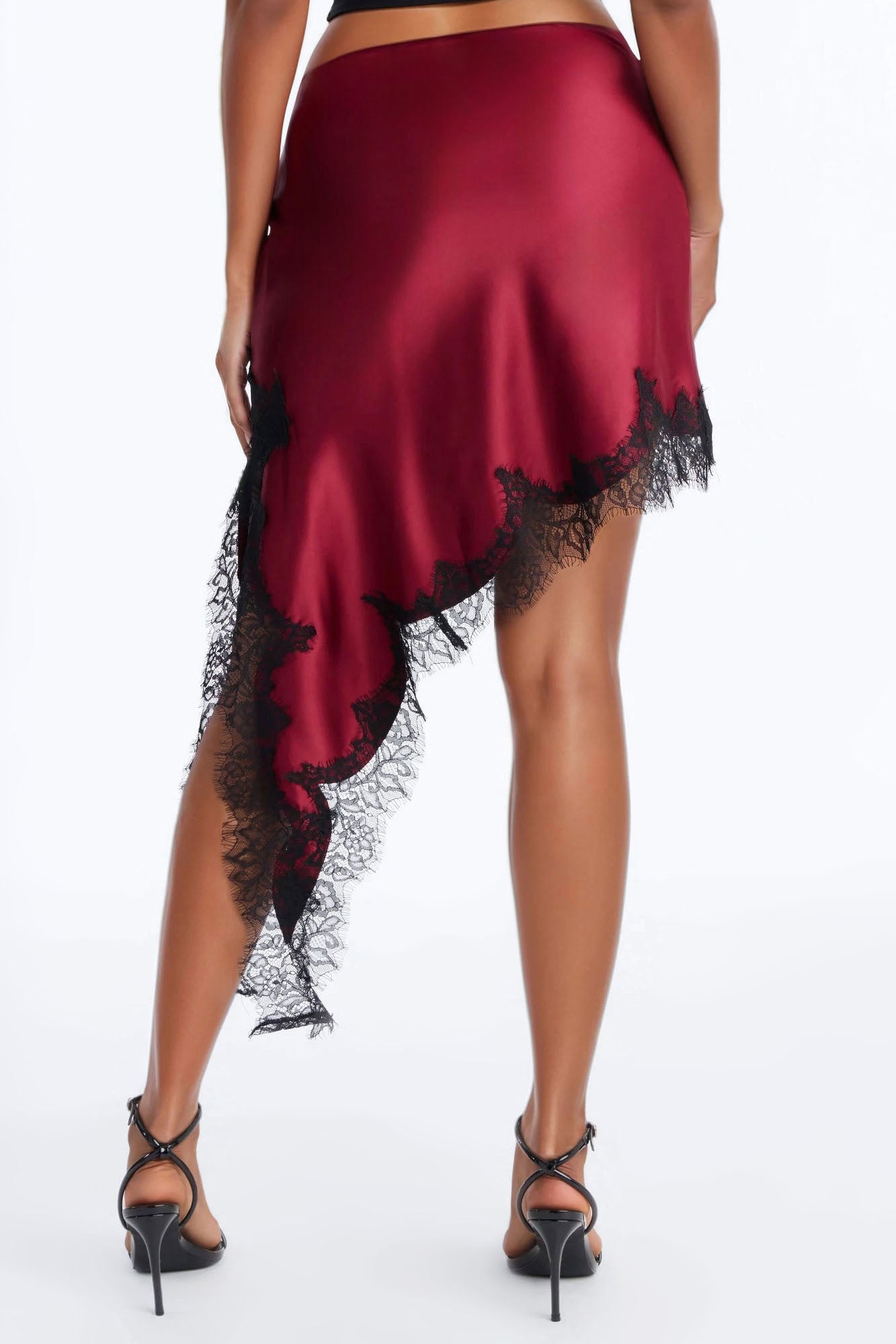 Juliette Asymmetrical Lace Trim Satin Midi Skirt - Wine