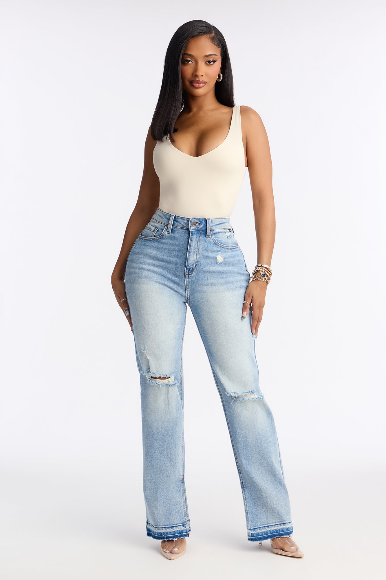 Anaheim Ripped Stretch Straight Leg Jeans - Medium Wash