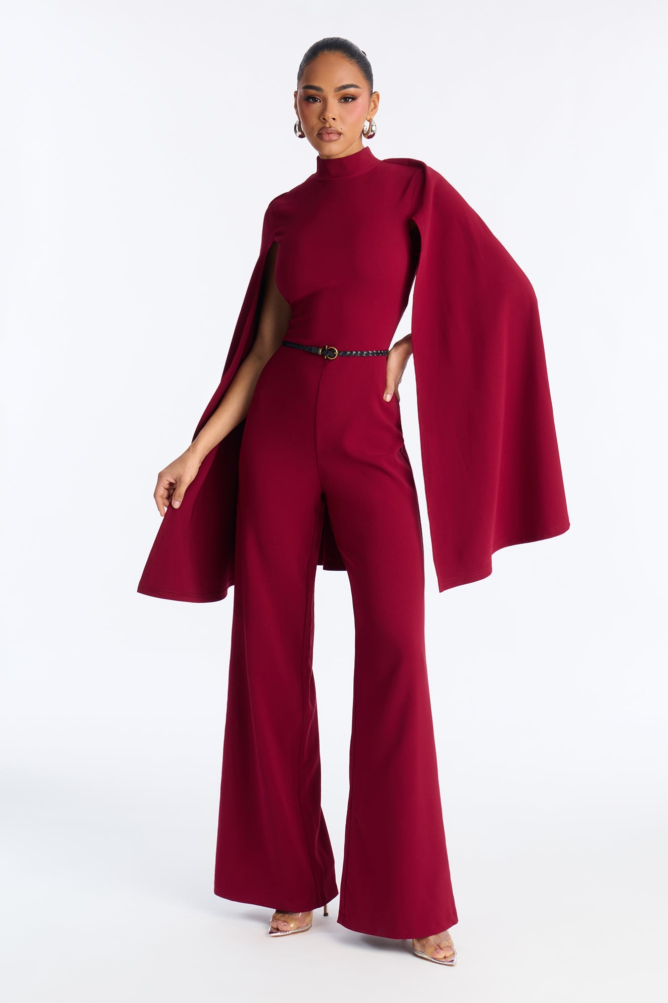 Lacy Cape Mock Neck Jumpsuit - Burgundy