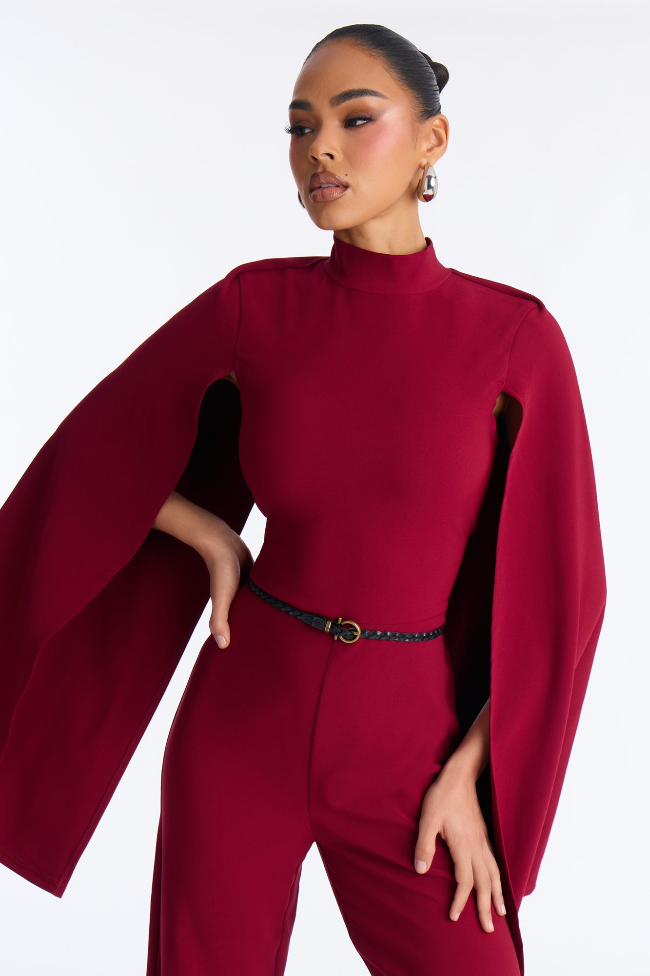 Lacy Cape Mock Neck Jumpsuit - Burgundy