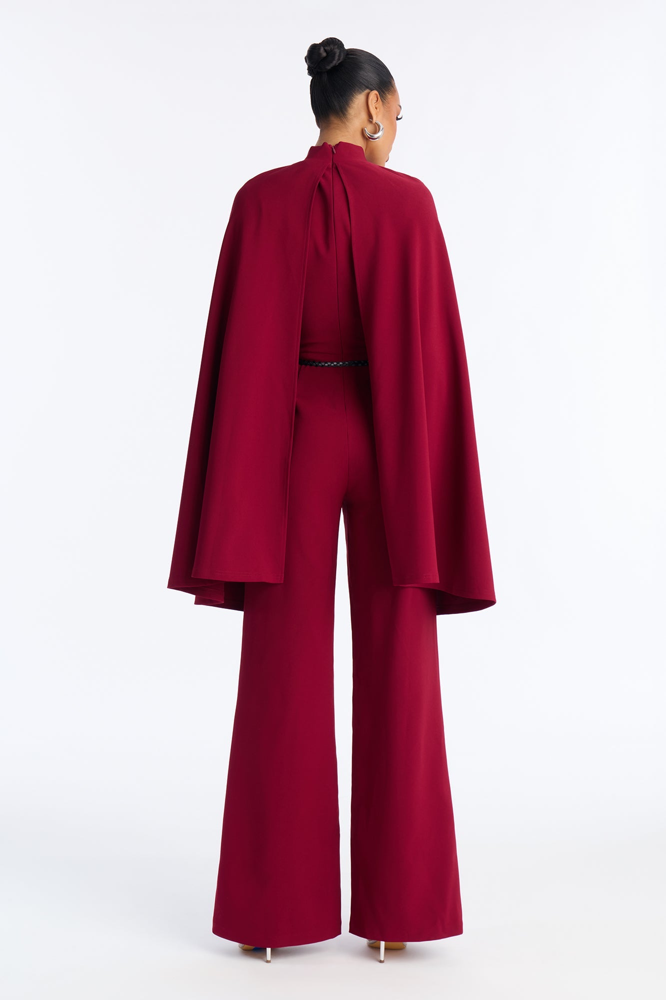 Lacy Cape Mock Neck Jumpsuit - Burgundy