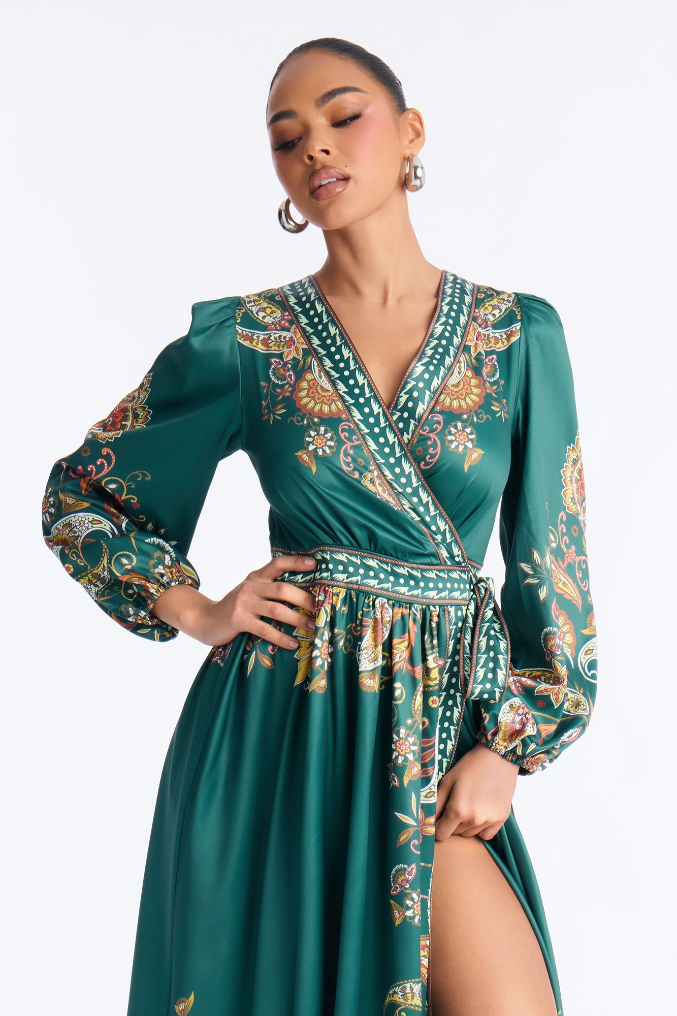 Donna Satin Paisley Midi Dress - Green