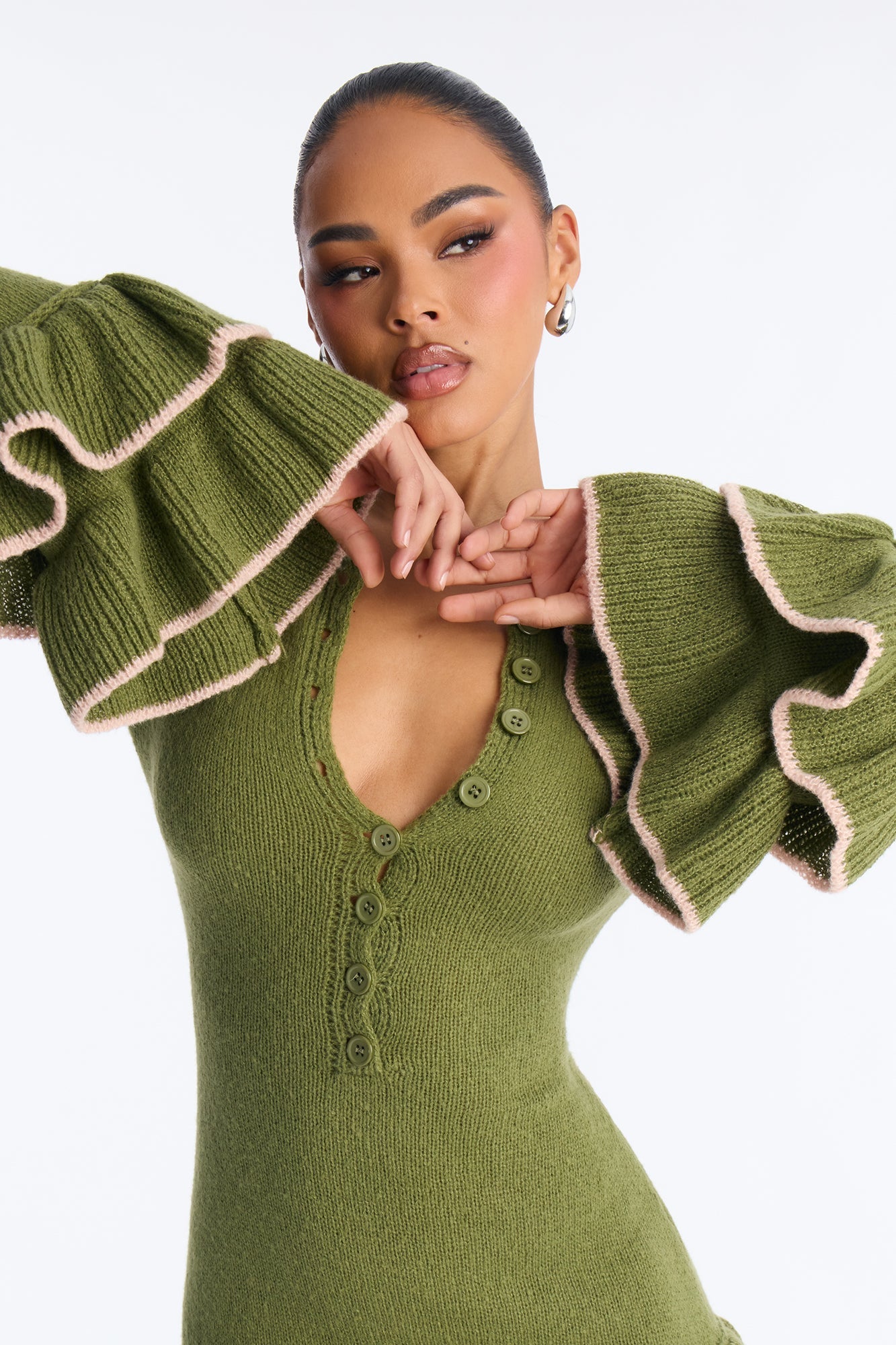 Carly Ruffle Hem Sweater Mini Dress - Olive