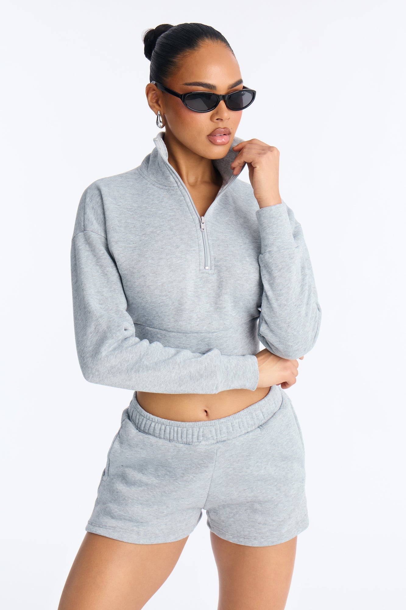 Alina Fleece Quarter Zip Short Set - Heather Grey