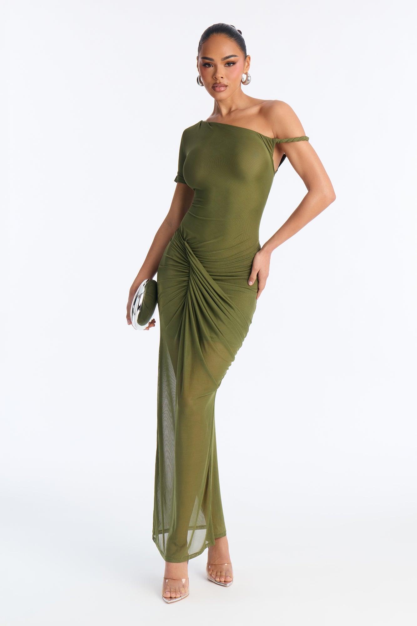 Skylar Asymmetrical Mesh Maxi Dress - Olive