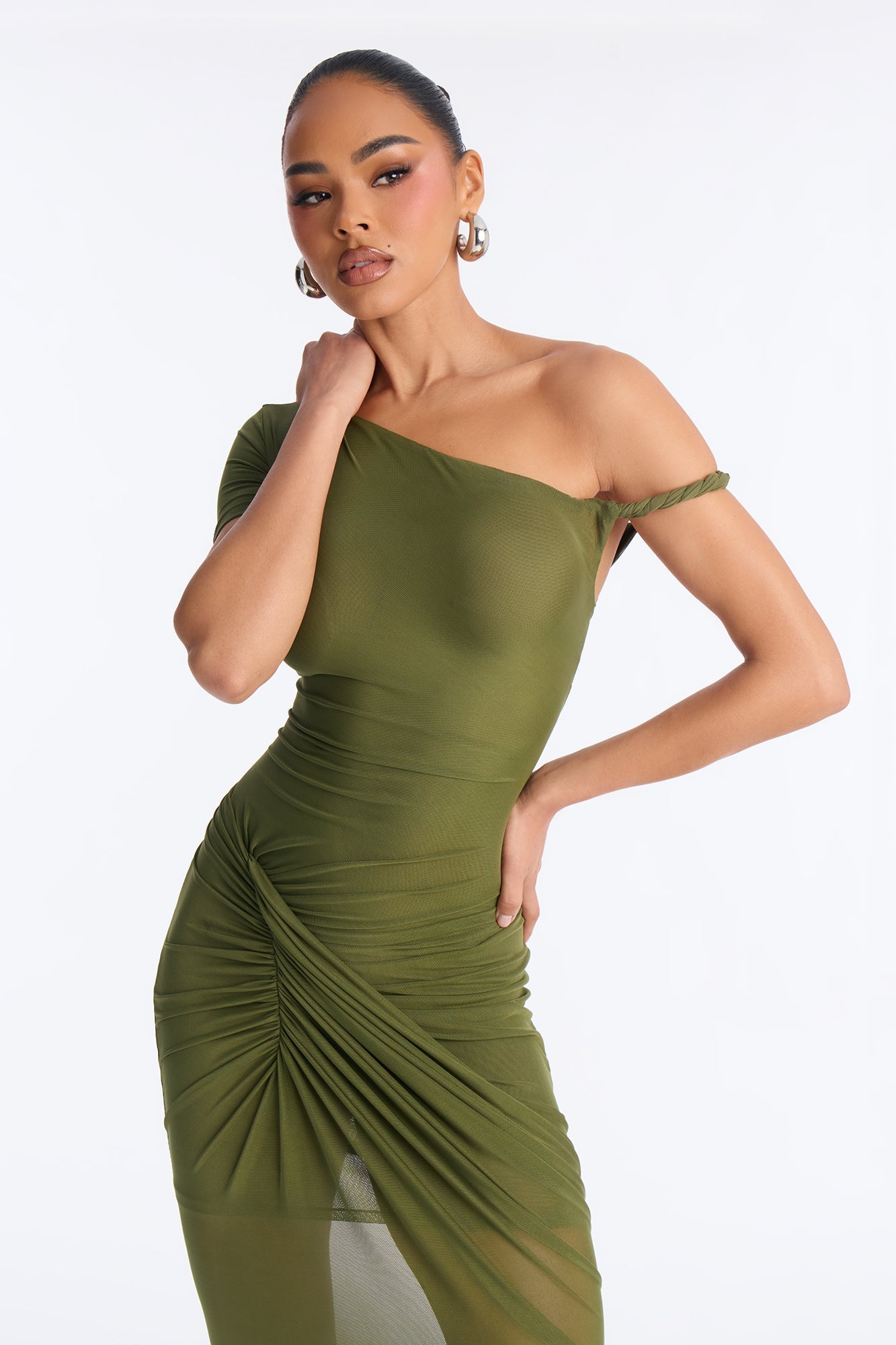 Skylar Asymmetrical Mesh Maxi Dress - Olive