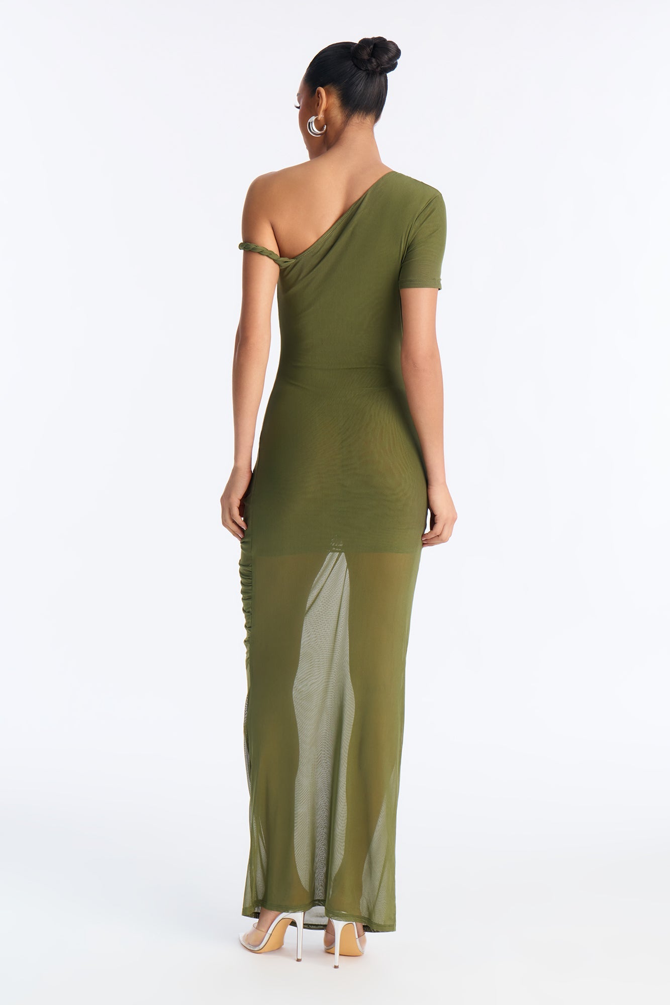 Skylar Asymmetrical Mesh Maxi Dress - Olive