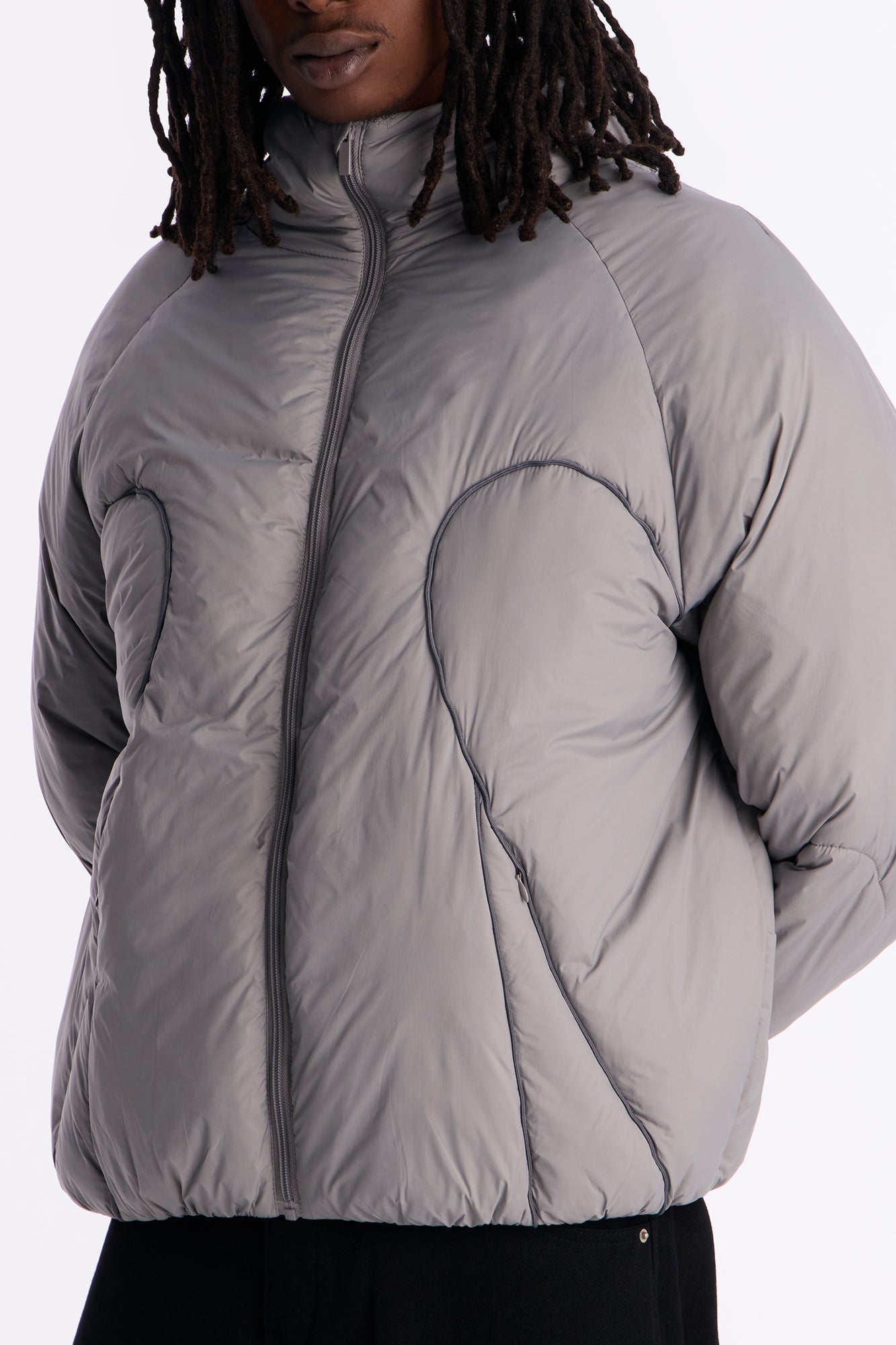 Cropped Hooded Paneled Tipped Puffer Jacket - Grey