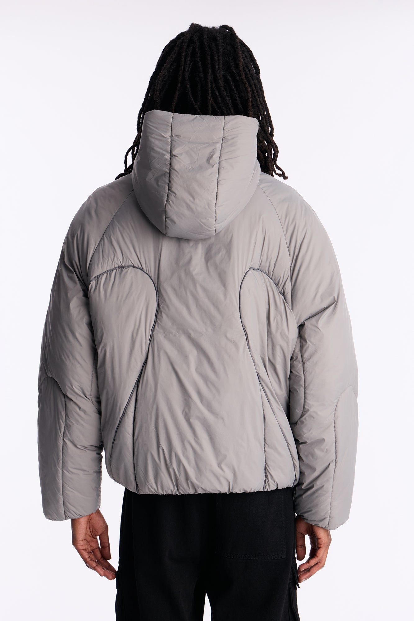 Cropped Hooded Paneled Tipped Puffer Jacket - Grey
