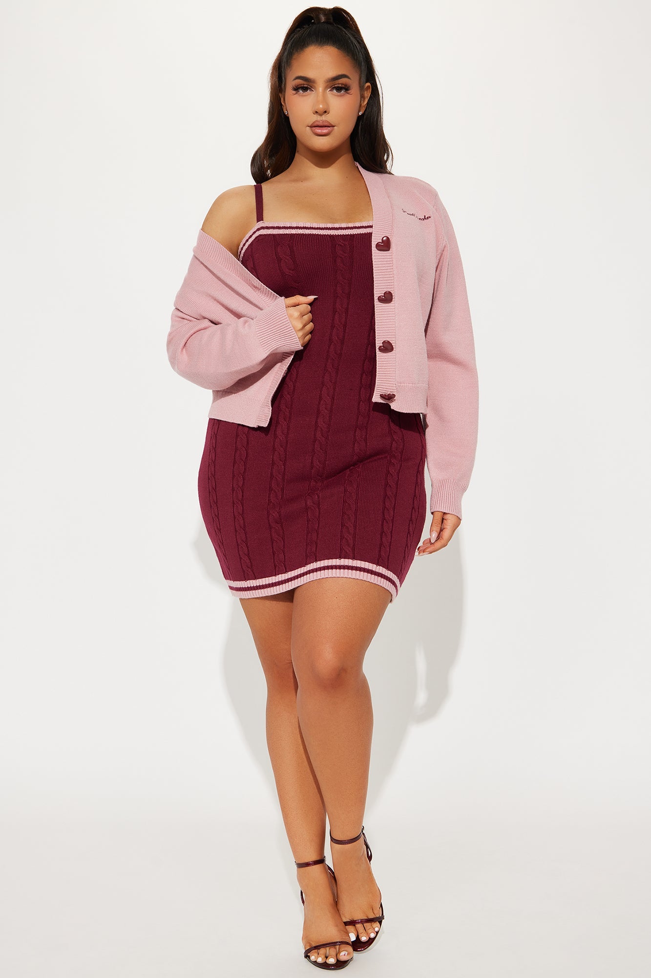 Book of Secrets Cable Knit Mini Dress Set - Burgundy/combo