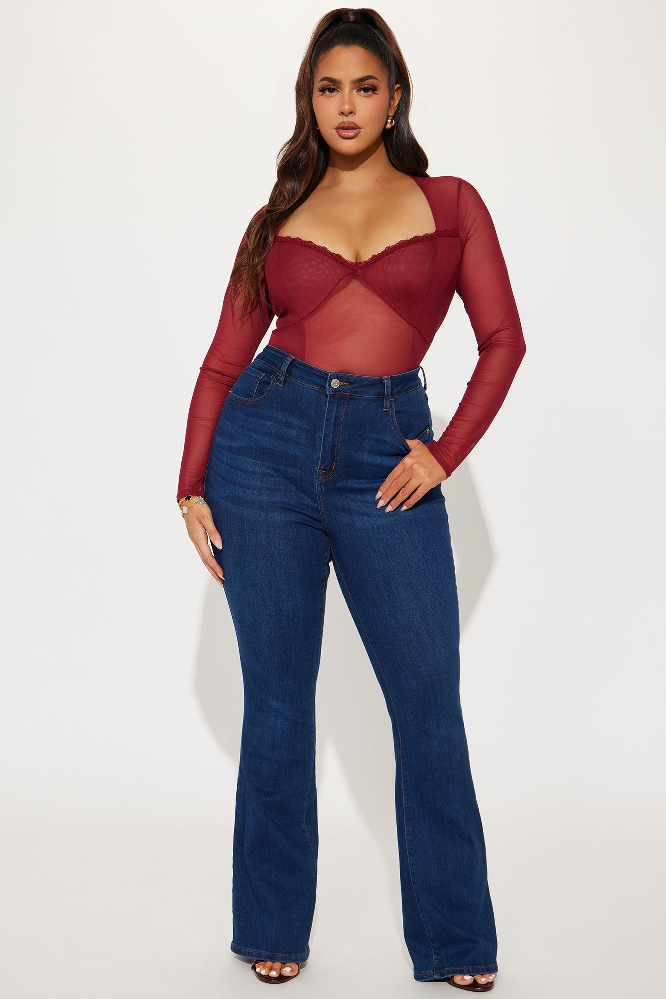 Heather Mesh Long Sleeve Top - Burgundy