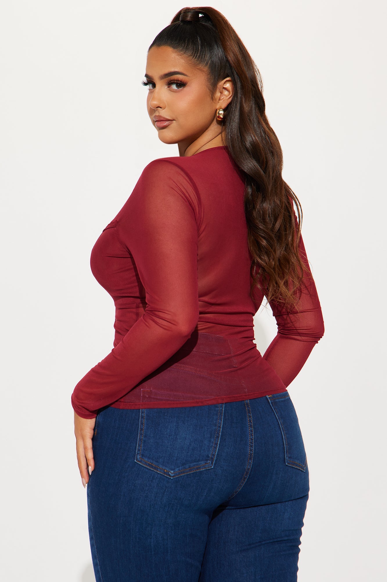 Heather Mesh Long Sleeve Top - Burgundy