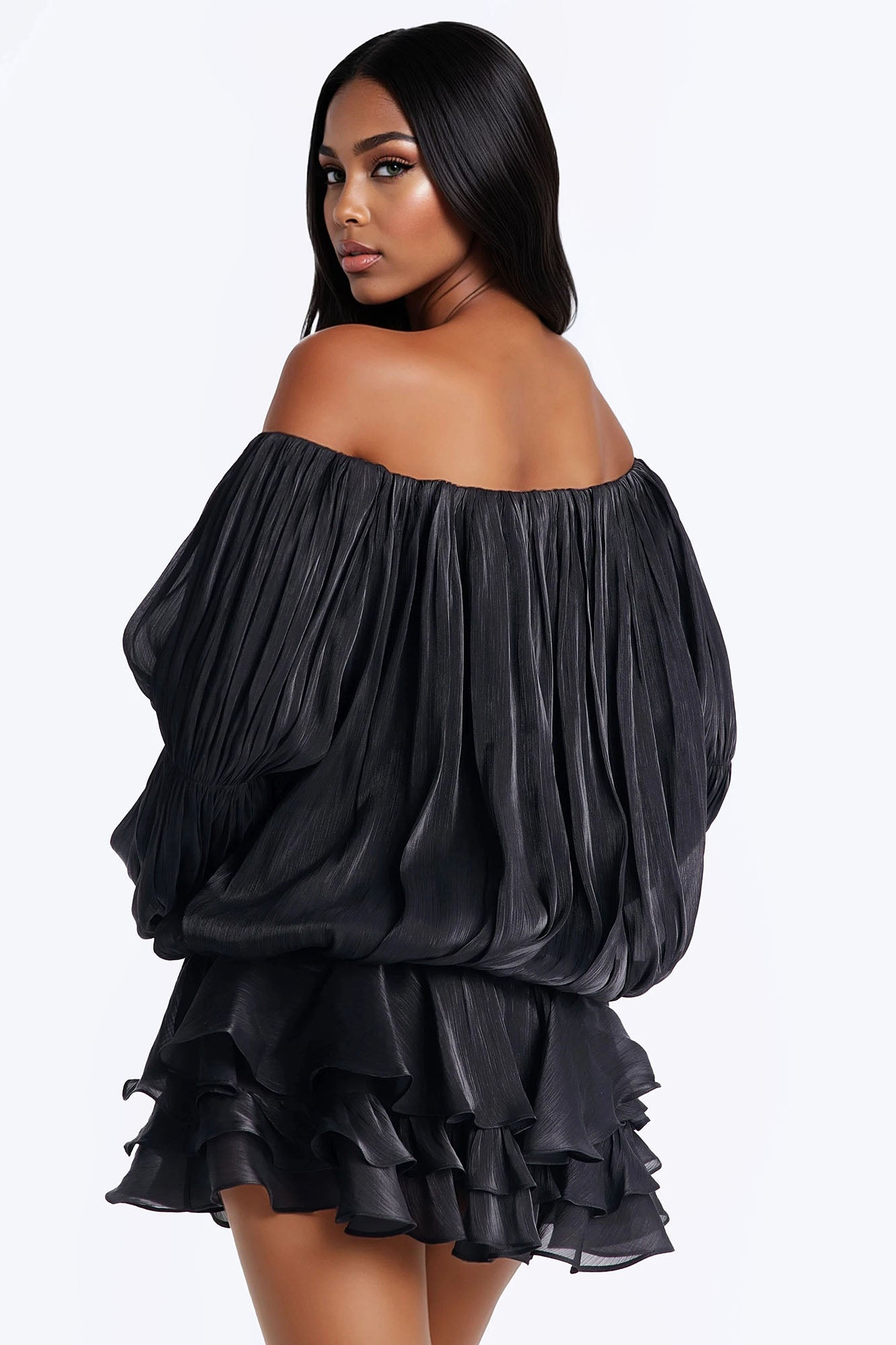 Oralee Off Shoulder Organza Mini Dress - Black