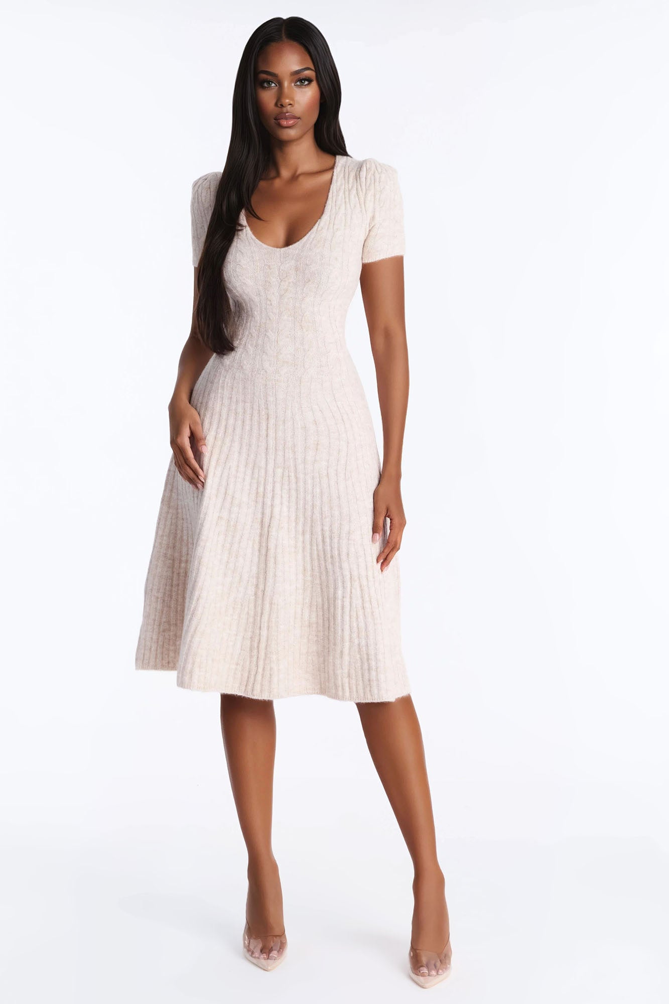 Tyra Cable Knit Sweater Midi Dress - Cream